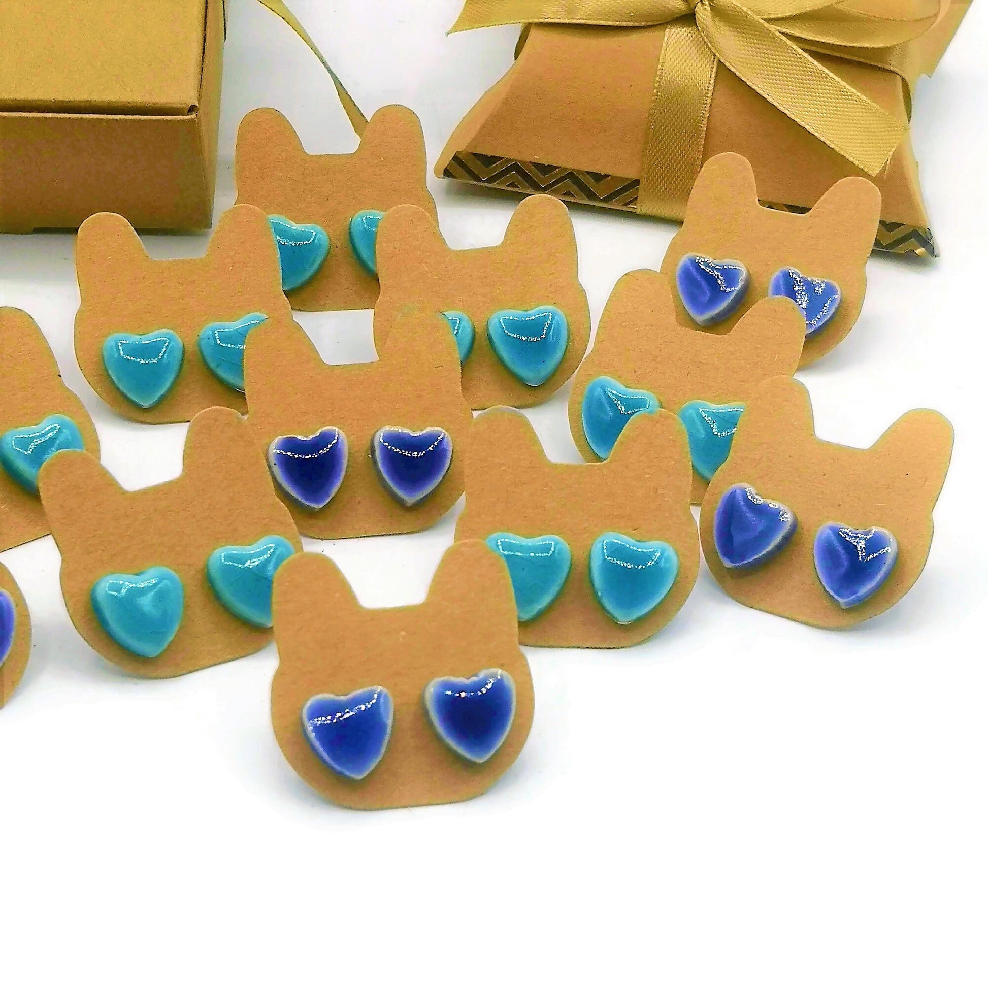 Handmade Ceramic Blue Heart Stud Earrings For Women, Minimalist Novelty Small Dainty Earrings, Best Gifts For Her On Valentines Day - Ceramica Ana Rafael