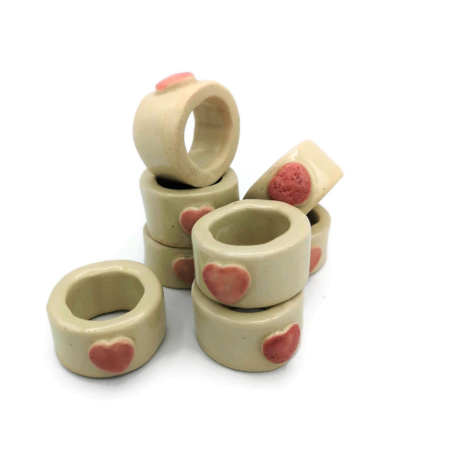 8Pc Extra Large Tube Beads, Handmade Ceramic Macrame Beads With Decorative Heart, Large Hole Beads, Napknig Rings - Ceramica Ana Rafael