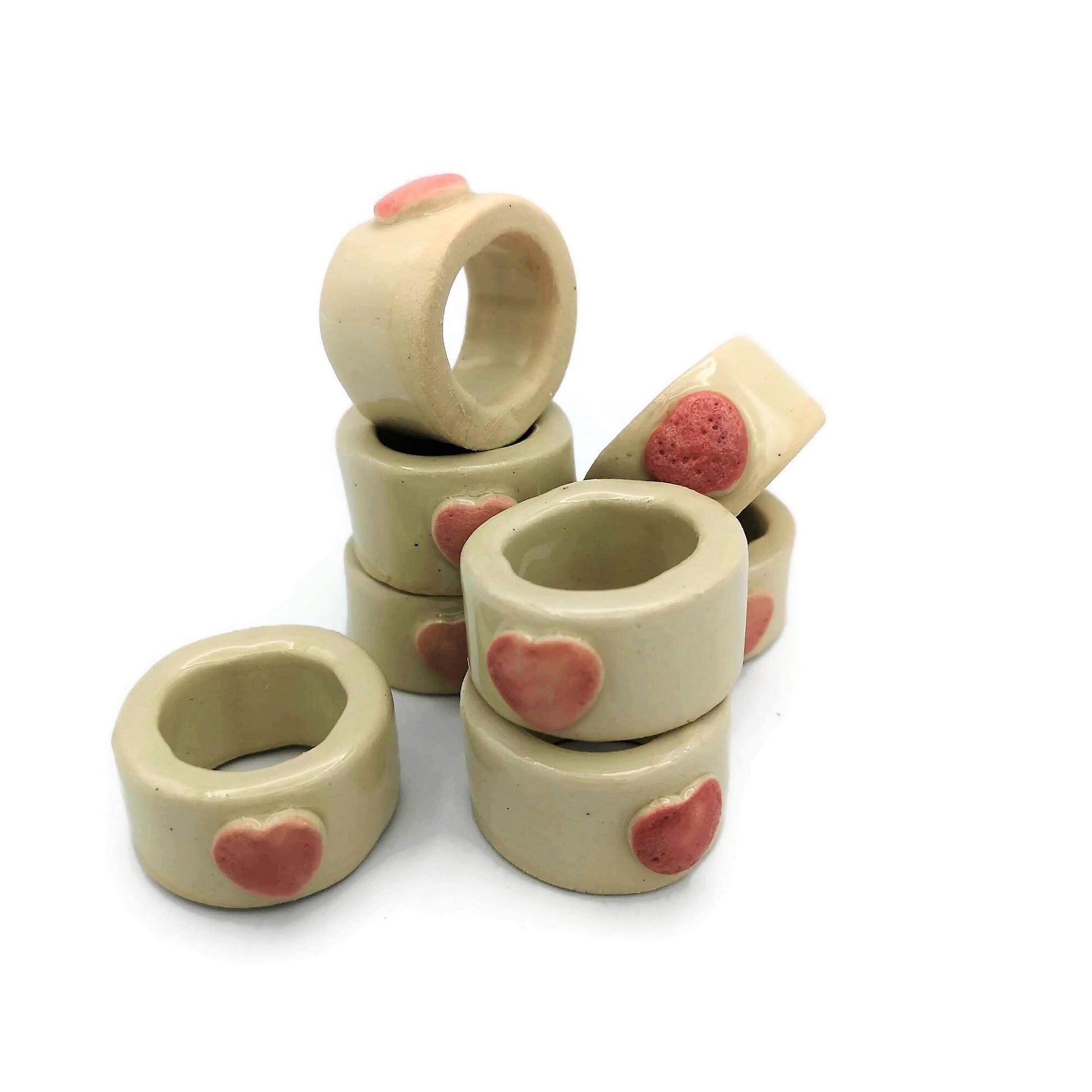8Pc Extra Large Tube Beads, Handmade Ceramic Macrame Beads With Decorative Heart, Large Hole Beads, Napknig Rings - Ceramica Ana Rafael