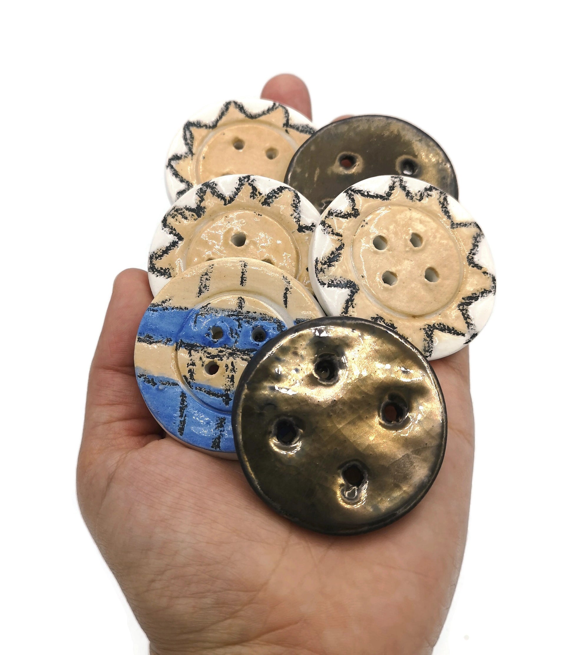 Set Of 6 Hand Painted Flat Buttons, Sun Buttons Sewing Supplies And Notions, Handmade Ceramic Strange And Unusual Metal Buttons - Ceramica Ana Rafael