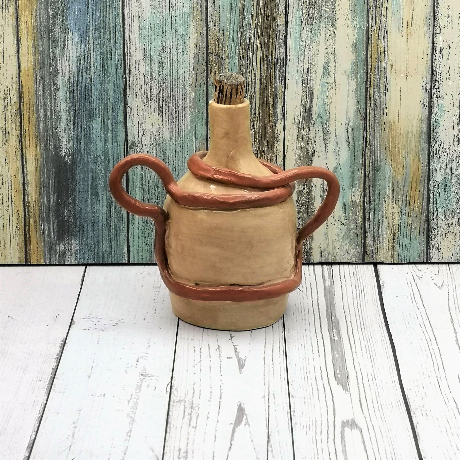 Handmade Ceramic Bottle With Cork Stopper, First Home Gift, Pottery Vase With Hand Built Sculptural Handles, Mom Birthday Gift From Daughter - Ceramica Ana Rafael