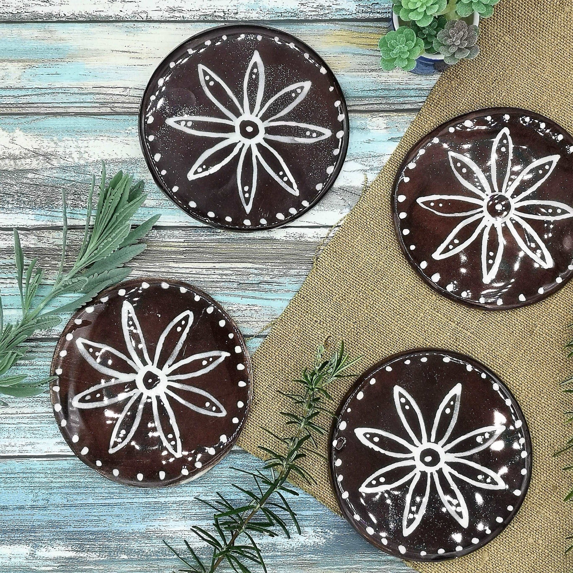 1Pc Handmade Ceramic Round Coaster Tile, Office Desk Acessories For Women With Floral Motif, Botanical Coaster, Housewarming Gift First Home