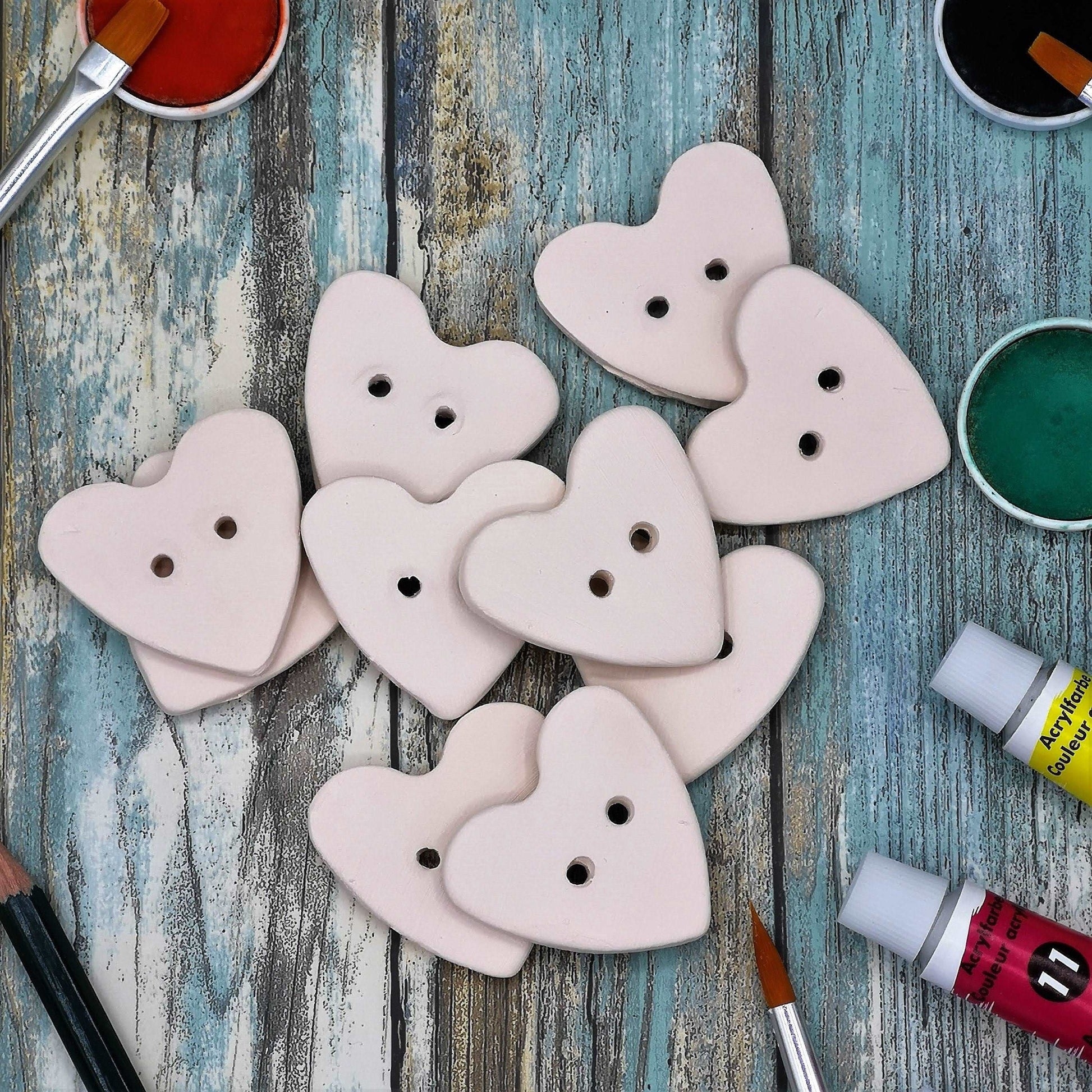 10Pc Large Heart Sewing Buttons Blank, Unpainted Ceramic Bisque Ready To Paint, Best Sellers Do It Yourself