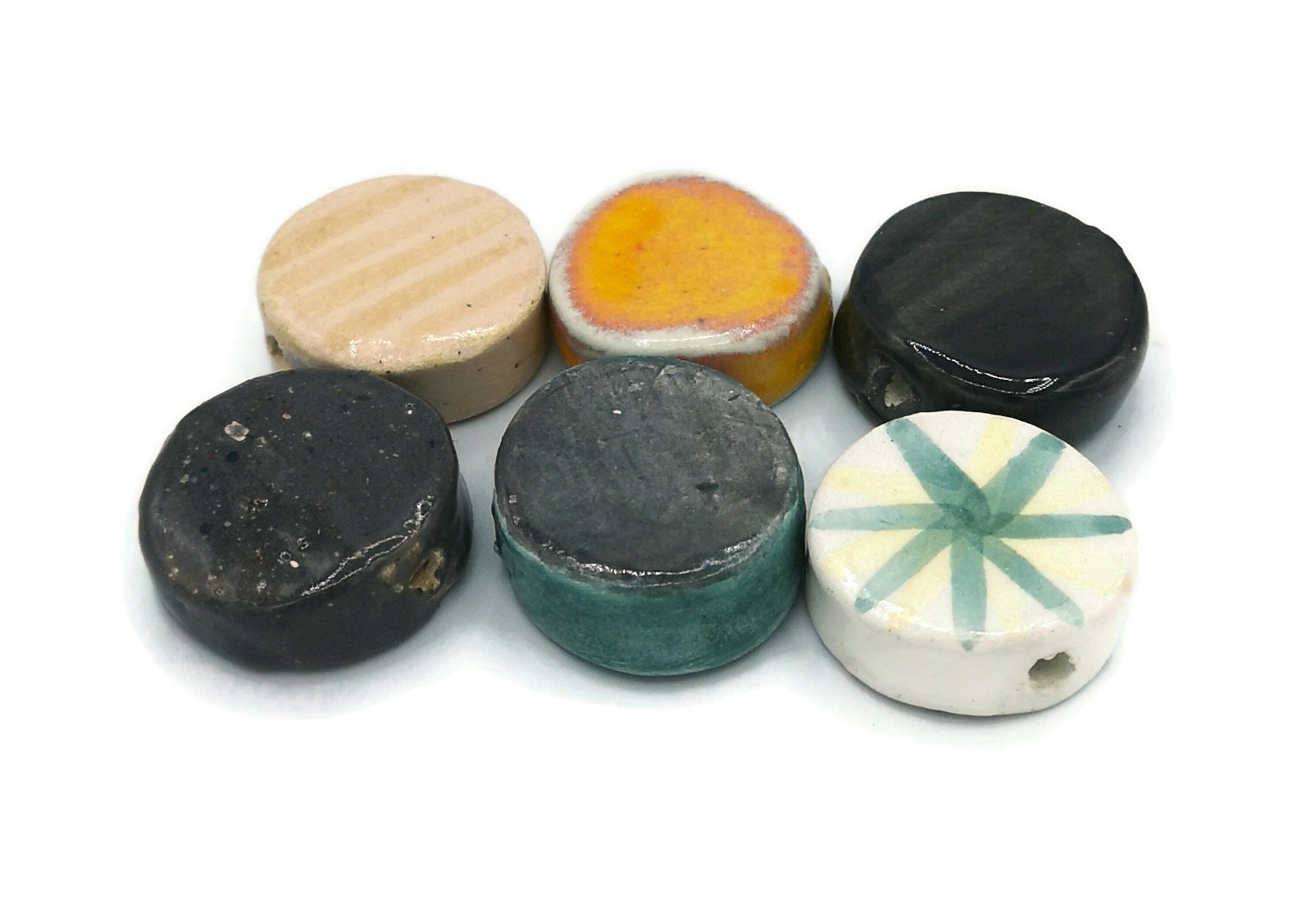 Assorted Handmade Ceramic Macrame Beads 6 Pcs, Best Sellers Round Clay Beads, Jumbo Bead, Unusual Jewelry Making Coin Beads Extra Large - Ceramica Ana Rafael