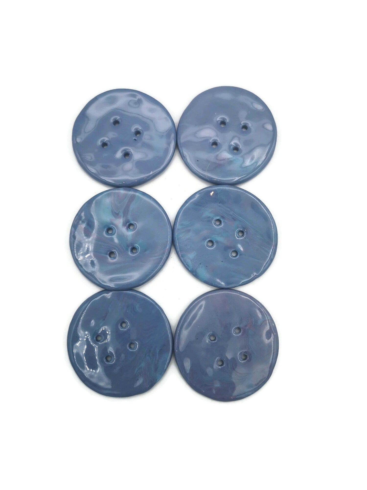6Pc Extra Large Sewing Buttons 60mm, Mable Blue And Purple 4 Hole Handmade Ceramic Round Button, Artisan Novelty Coat Button Lot For Clothes - Ceramica Ana Rafael