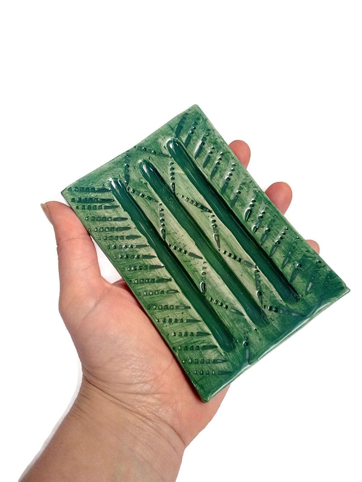 Green Handmade Ceramic Soap Dish Textured, Rectangle Clay Soap Bar Holder With Drain For Bathroom, Zero Waste Pottery Sponge Holder - Ceramica Ana Rafael