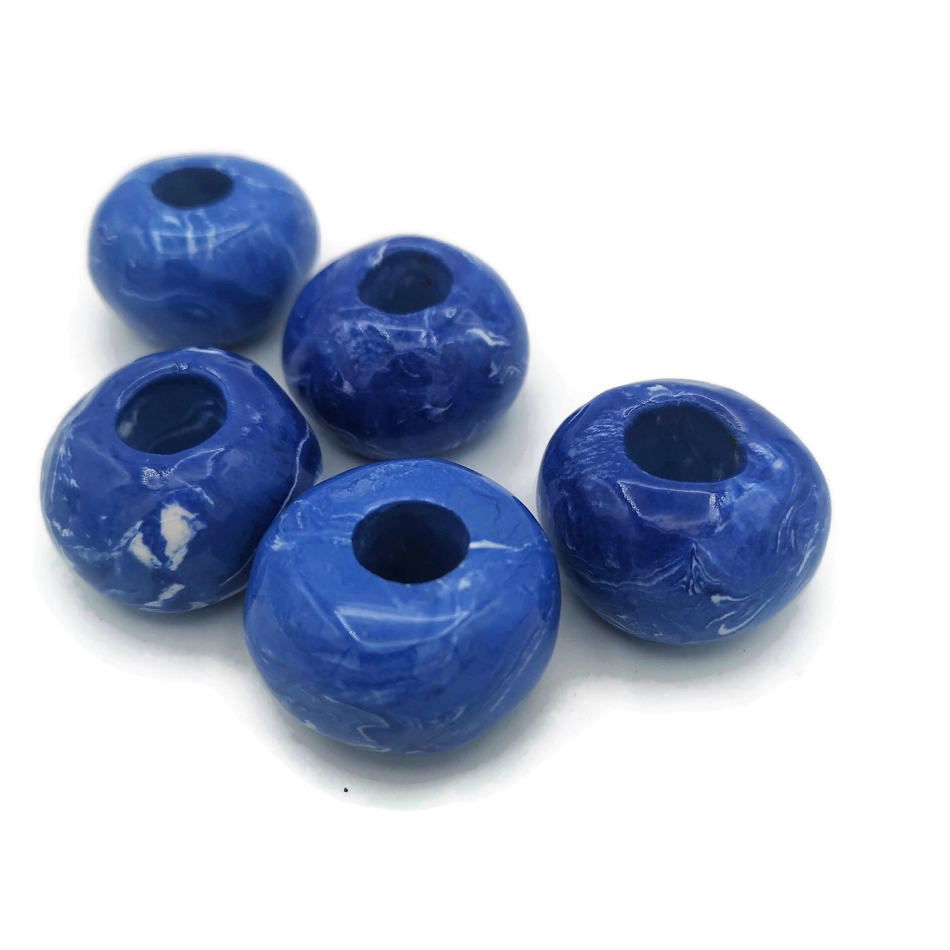 5Pc Large Ceramic Beads For Macrame and Statement Jewelry Making, Marbled White and Blue Clay Beads With Large Holes - Ceramica Ana Rafael