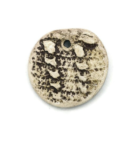 1Pc 35/45mm Handmade Ceramic Textured Necklace Pendant For Jewelry Making, Large Circle Modern Clay Charms Round Shape, Vintage Lace Texture - Ceramica Ana Rafael