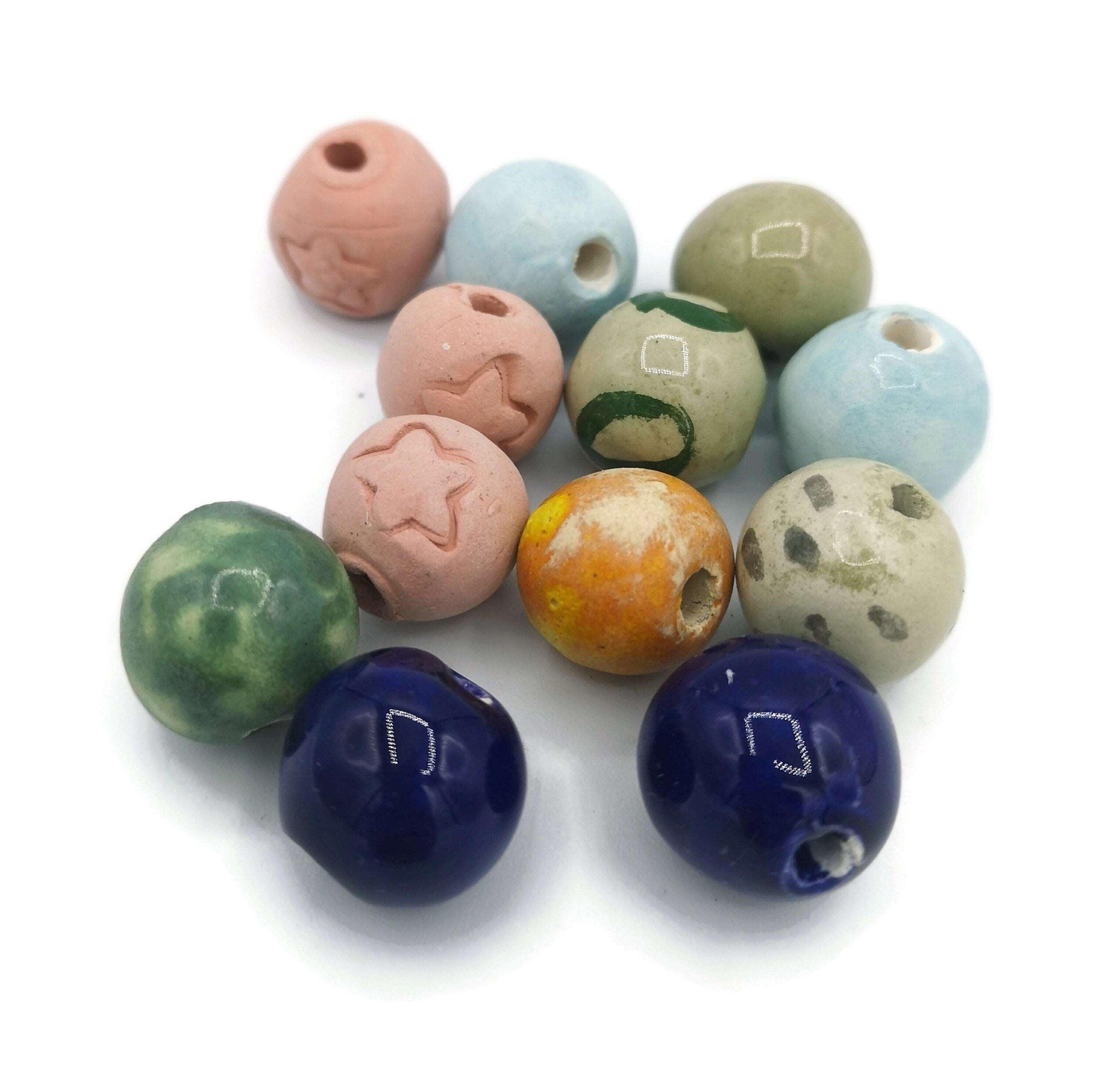 12Pc Handmade Ceramic Beads For Jewelry making, Round Mixed Clay Beads For Crafts,Decorative Macrame Beads Large Hole 2mm, Assorted Beads