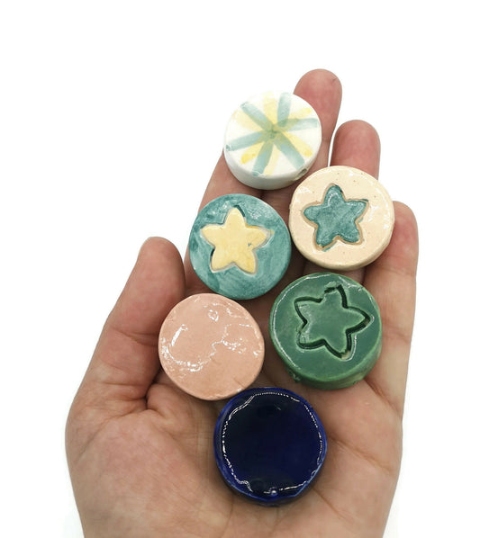 Handmade Ceramic Beads, Mixed Coin Beads 6 Pcs, Best Seller Clay Beads, Round Beads Unusual, Decorative Porcelain Beads For Jewelry Making - Ceramica Ana Rafael