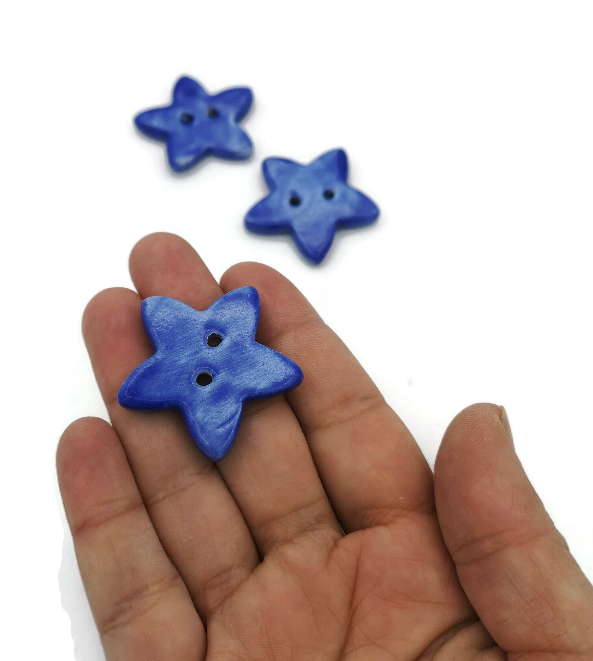 Ceramic Star Sewing Buttons Set of 3 Star Shaped Blue Buttons, Sewing Supplies And Notions - Ceramica Ana Rafael