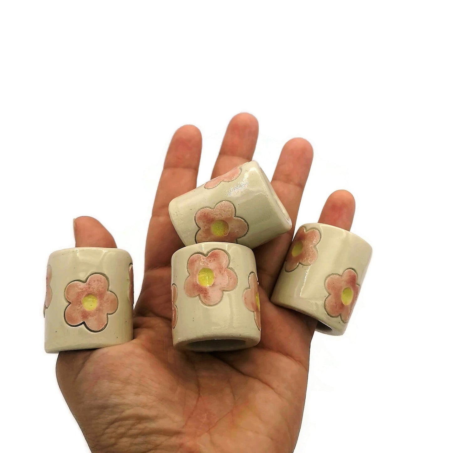 4Pc Hand Painted Flower Extra Large Tube Beads, Unique Clay Beads, 35mm Long Ceramic Beads, Decorative Macrame Beads Large Hole - Ceramica Ana Rafael