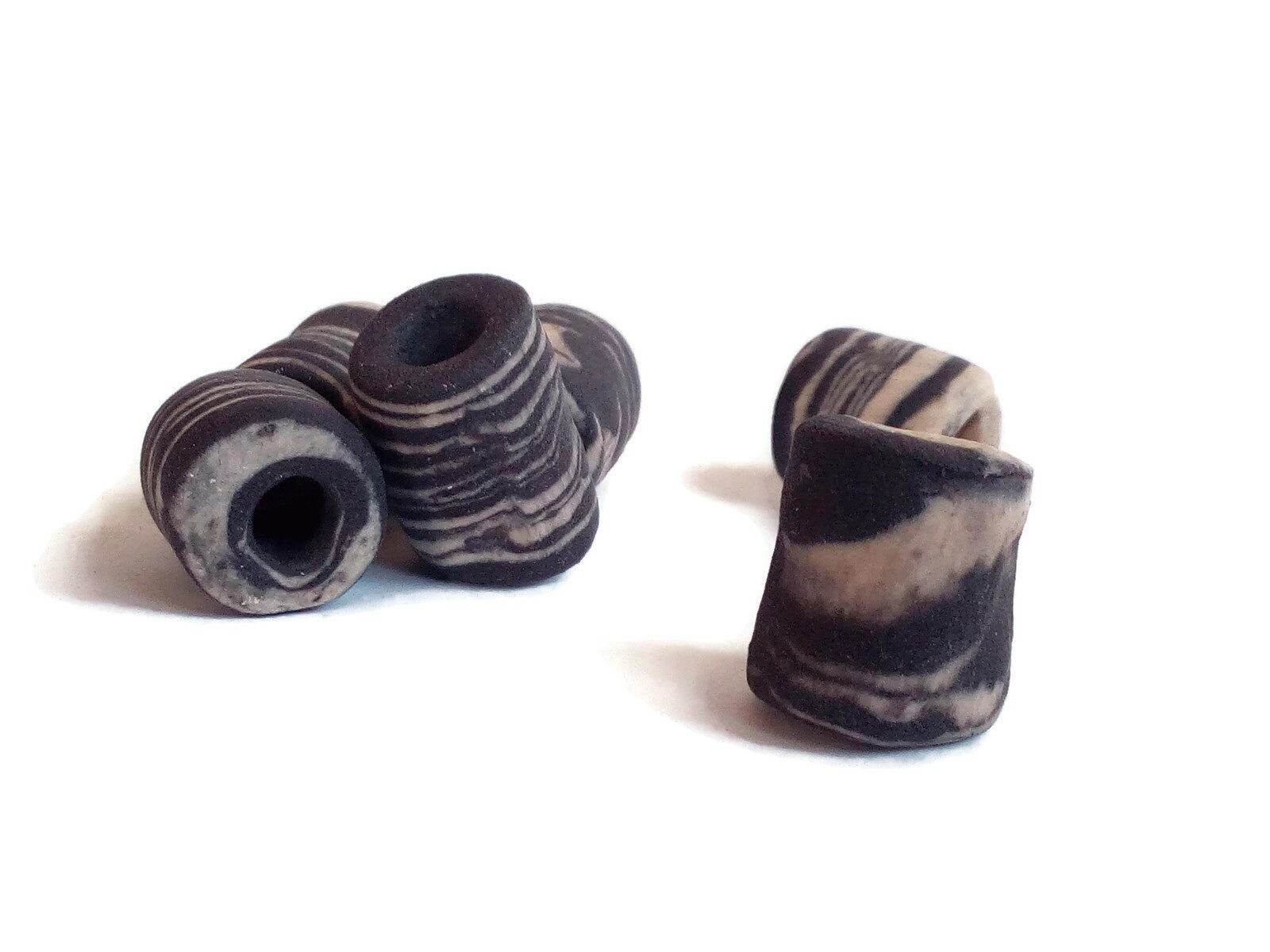 6Pcs Macrame beads large hole, handmade ceramic tube beads for jewelry making, unique black and white beads, dreadlock beads, best sellers - Ceramica Ana Rafael
