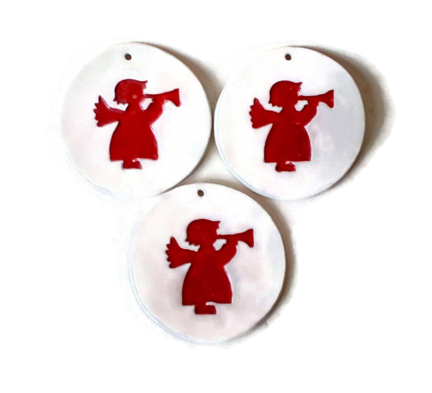 1Pc Handmade Ceramic Red and White Angel Wall Hanging, Round Christmas Tree Ornaments, Christian Wall Art, Pottery Nursery Wall Art - Ceramica Ana Rafael