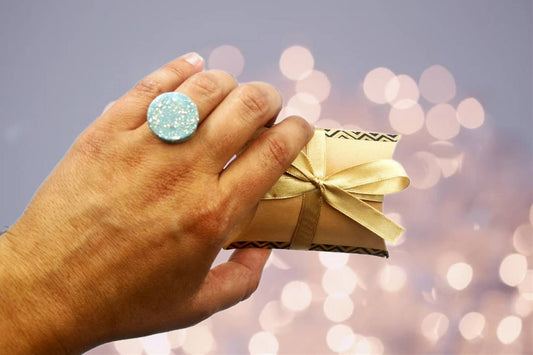 Handmade Ceramic Sparkly Turquoise Blue Ring For Women, Unique Stainless Steel Adjustable Ring, Porcelain Best 9th Anniversary Gifts For Her - Ceramica Ana Rafael