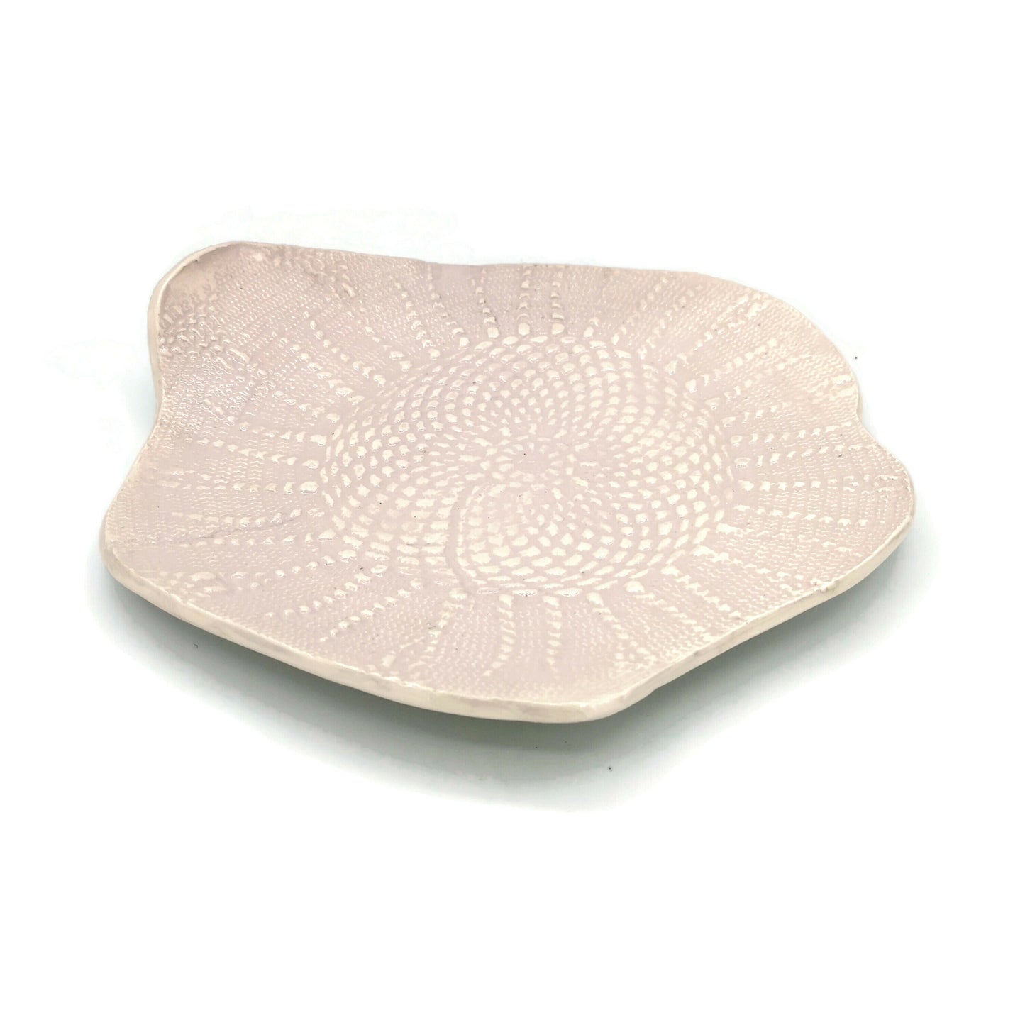 Handmade Ceramic Plate For Wall Decor With Decorative Vintage Lace Texture, Soft Pink Pottery Plate for Display With Organic Shape - Ceramica Ana Rafael