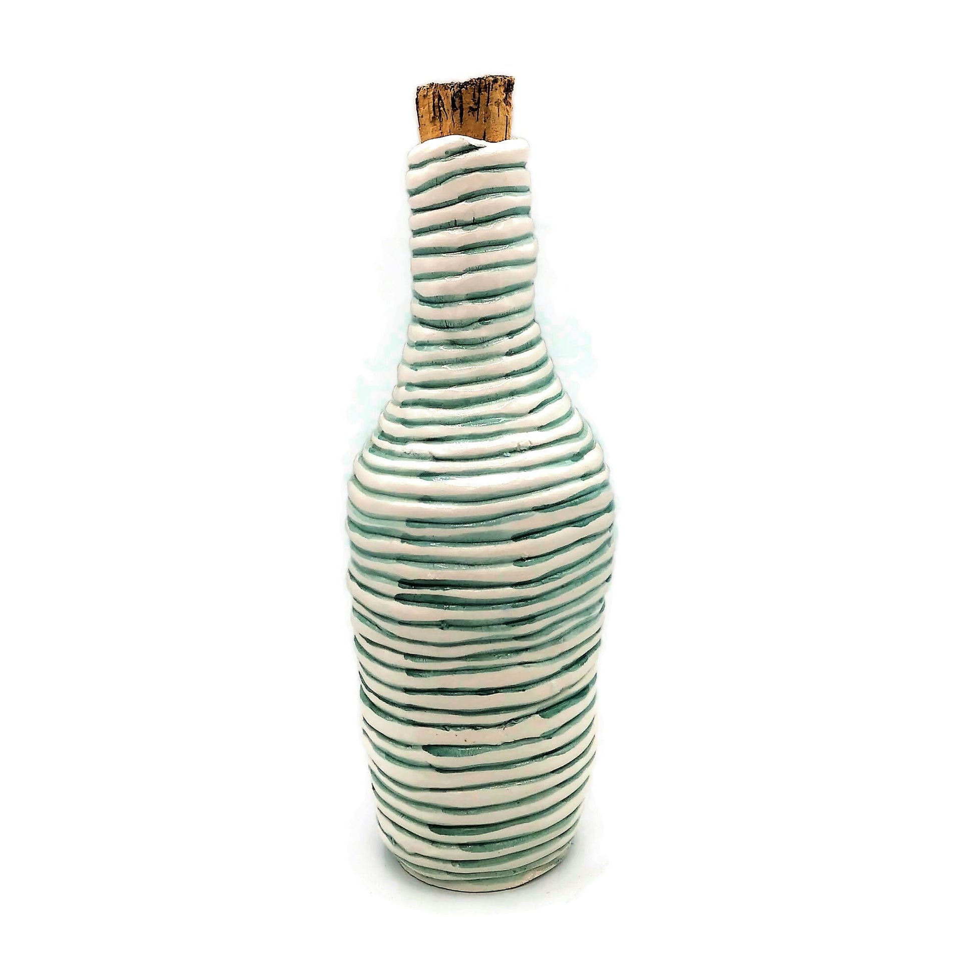 Handmade Ceramic Decorative Bottle With Natural Cork Stopper, White And Green Artisan Portuguese Pottery For Home Decor Unique Textured Vase - Ceramica Ana Rafael