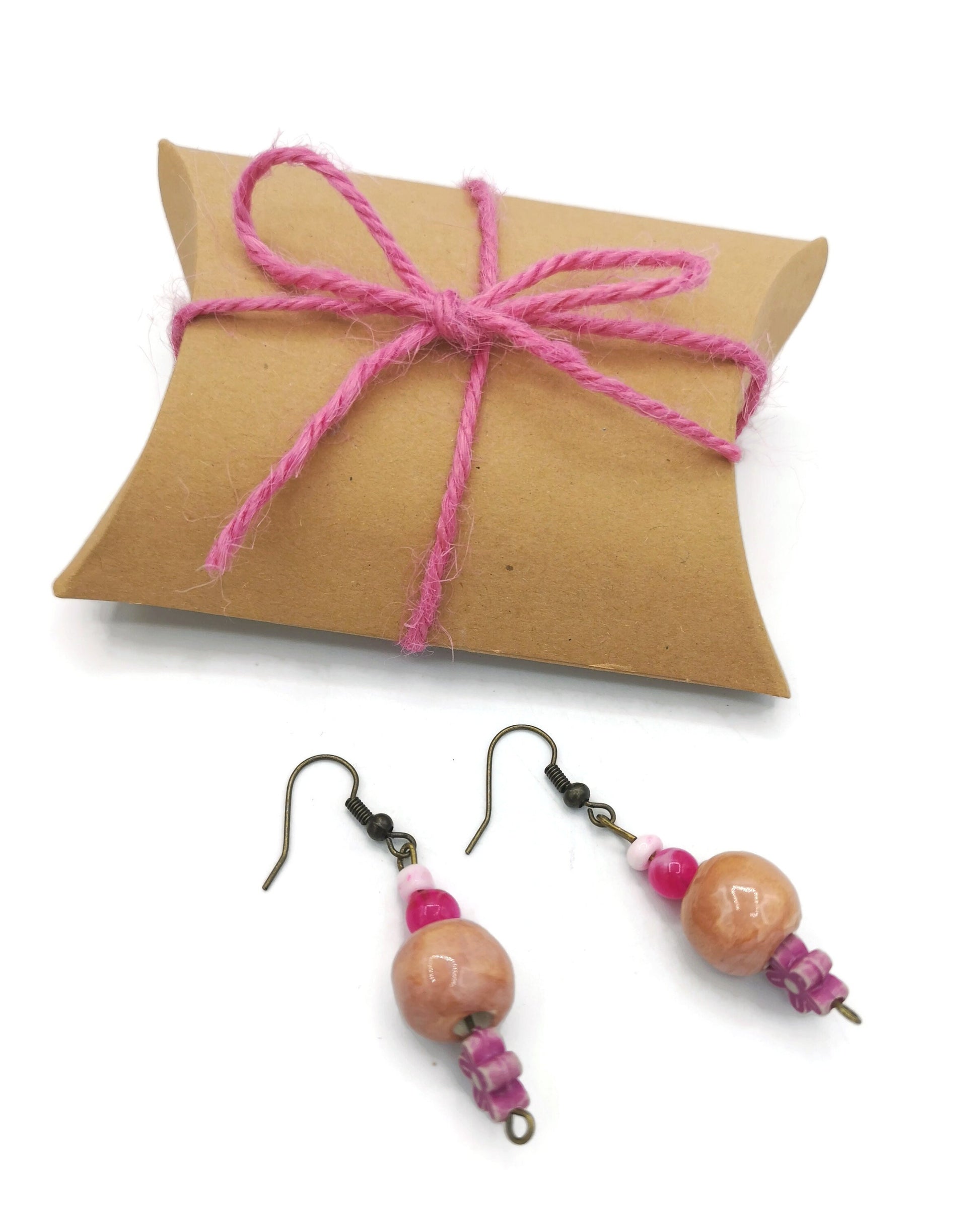Pink Dangle Earrings, Novelty Earrings, Cute Ceramic Jewelry, Aesthetic Artsy Earrings For Teenage Girl, Teen Girl Gift Ideas - Ceramica Ana Rafael