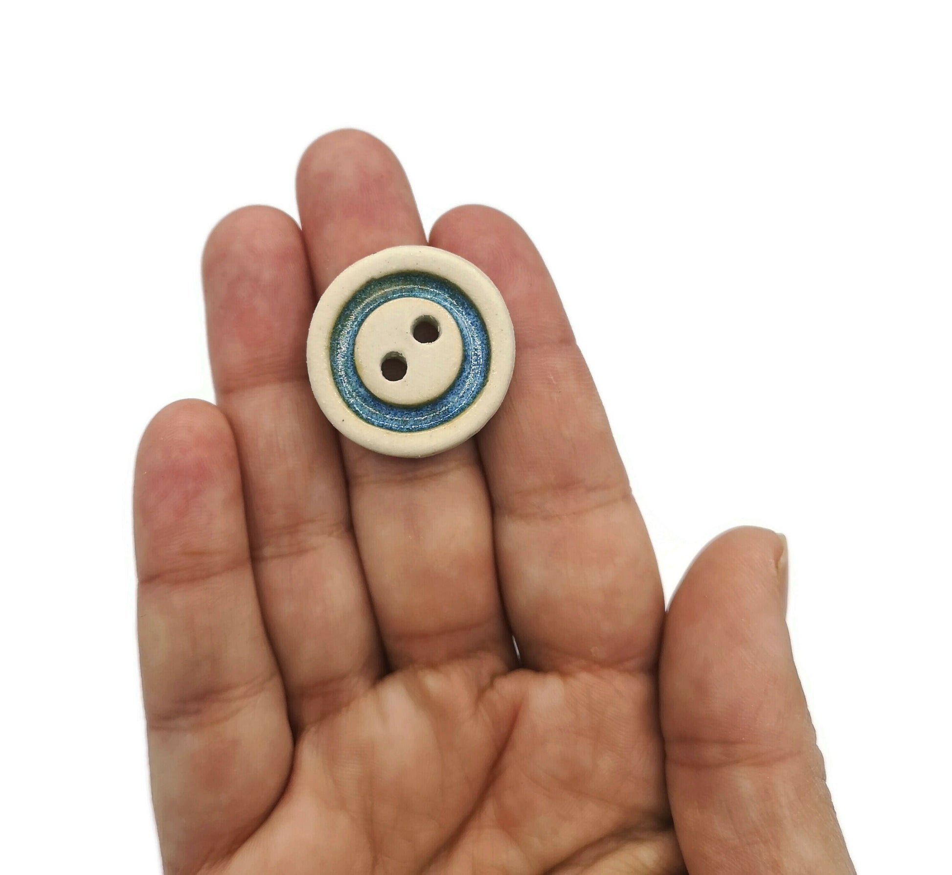 6Pc 25mm/1in Handmade Ceramic Sewing Buttons, Matte Beige With Glossy Blue Accent, Novelty Clay Buttons For Crafts, Unique Pottery Buttons - Ceramica Ana Rafael