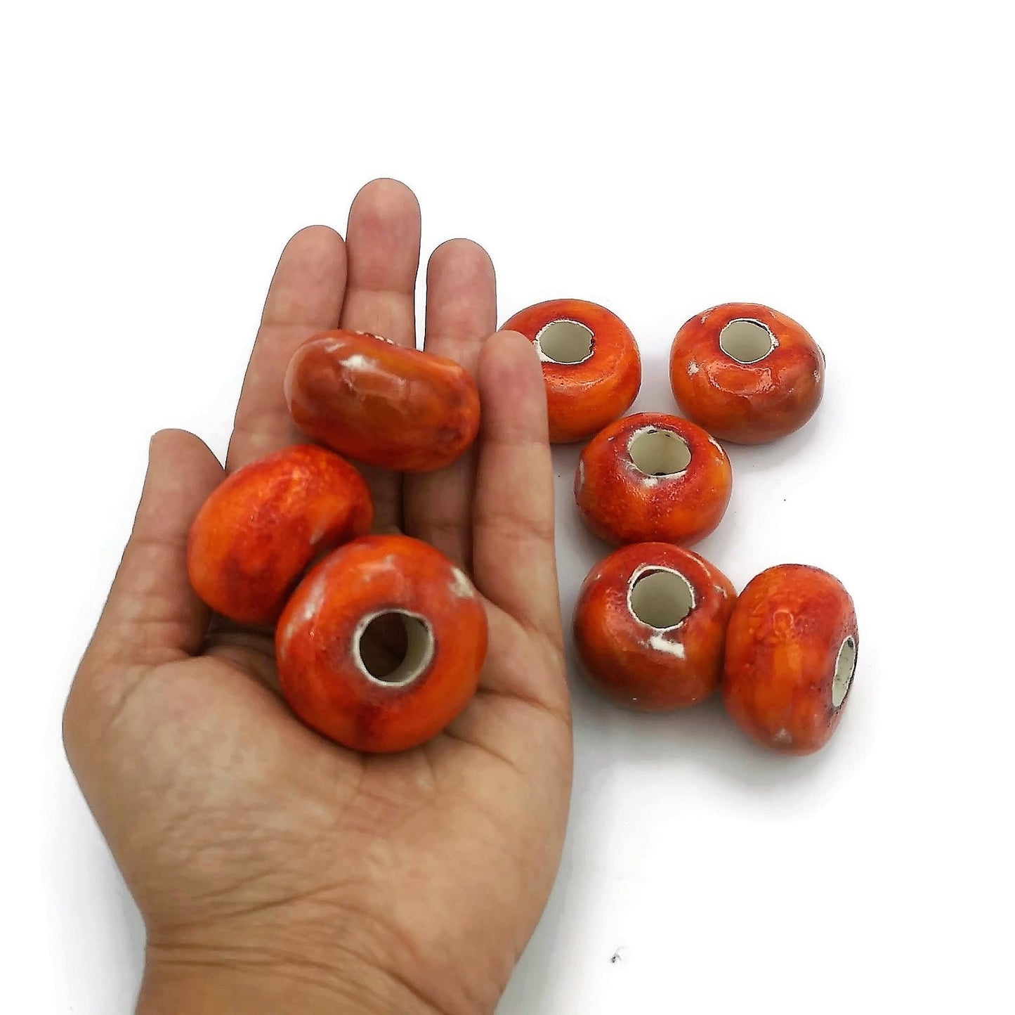 8Pc Large Hole Beads, Handmade Ceramic Macrame Beads Extra Large 40mm Diameter - Ceramica Ana Rafael