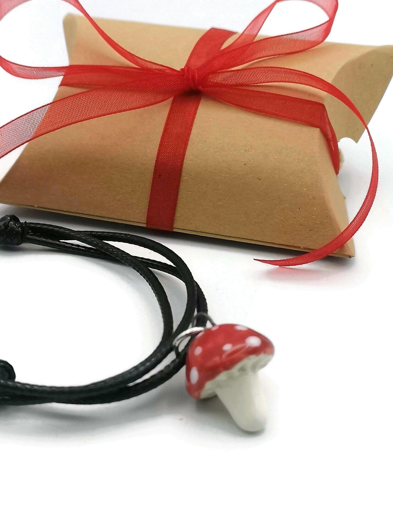 Handmade Ceramic Red Mushroom Necklace Pendant For Women, Dainty Cottagecore Necklace For Her Artisan Jewelry Birthday Gift Idea W/ Gift Box - Ceramica Ana Rafael