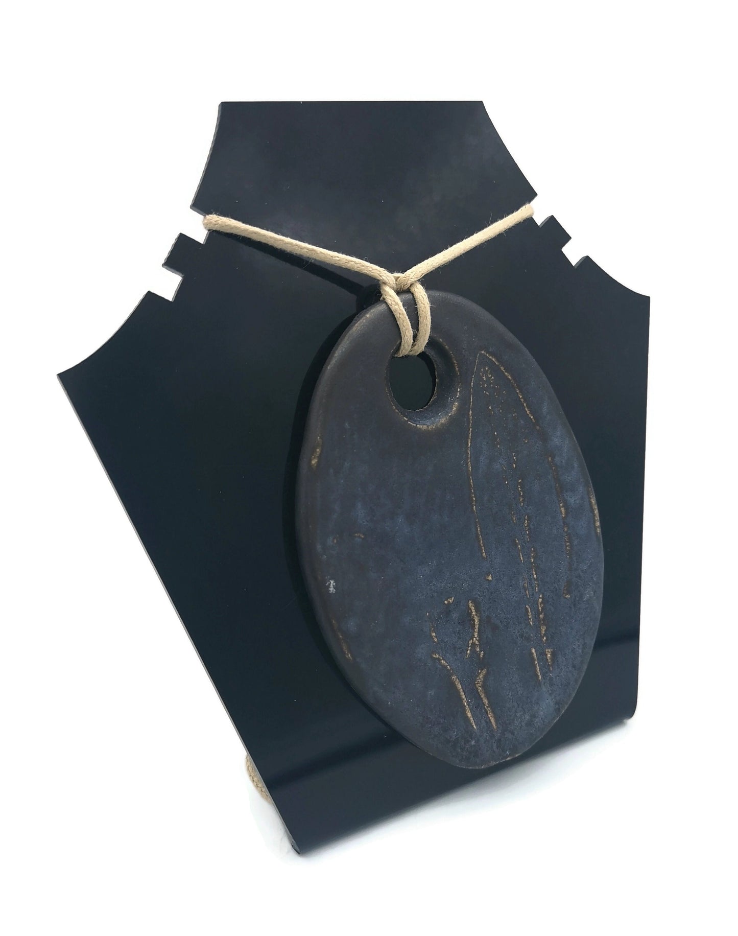 90mm Extra Large Handmade Ceramic Dark Necklace Pendant With Imprinted Leaves For Statement Jewelry Making, Boho Porcelain Charm For Women - Ceramica Ana Rafael