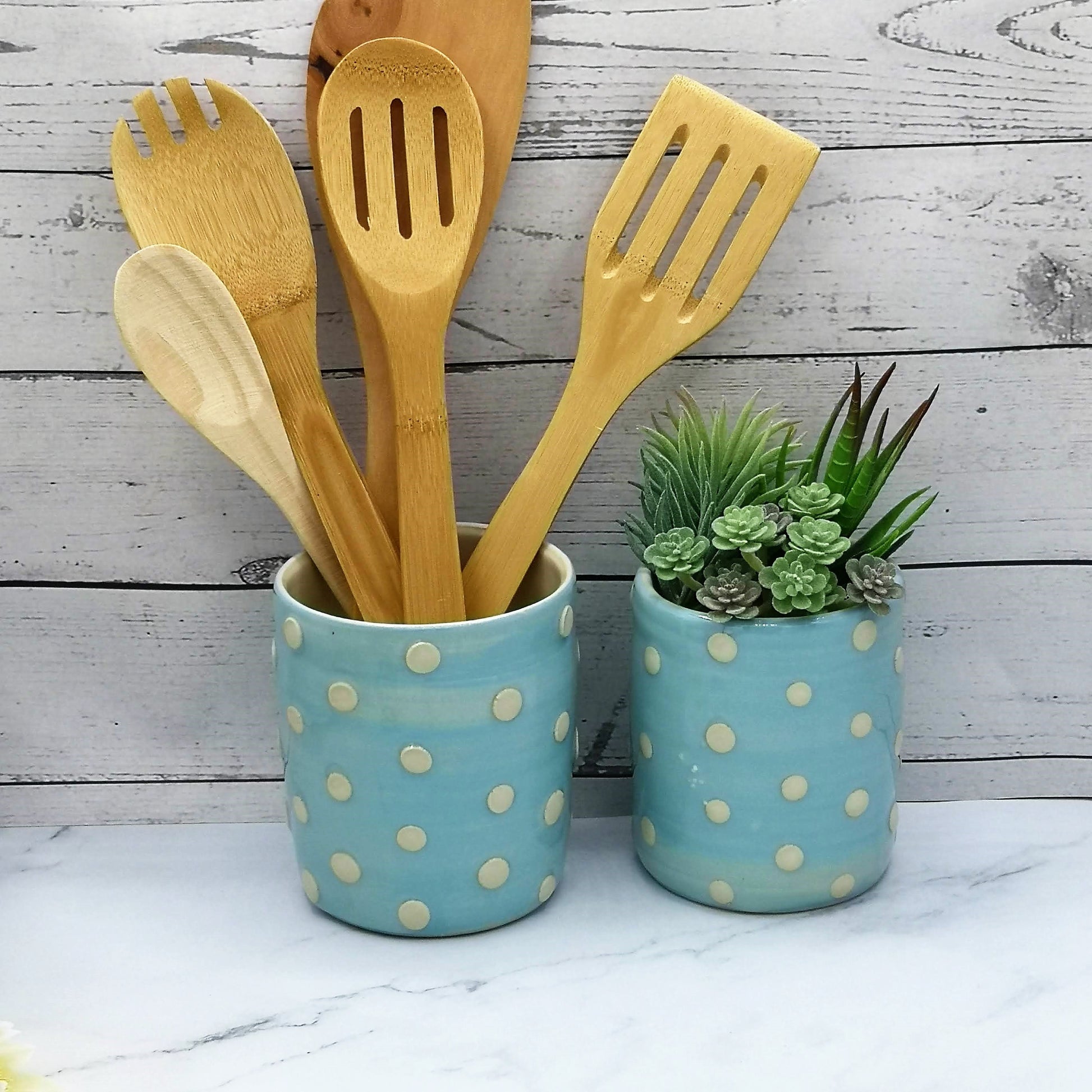 Large Utensil Holder For Kitchen Counter, Utensil Organizer Blue With White Dots, Unique Wedding Gift For Couple, Handmade New Home Gift - Ceramica Ana Rafael