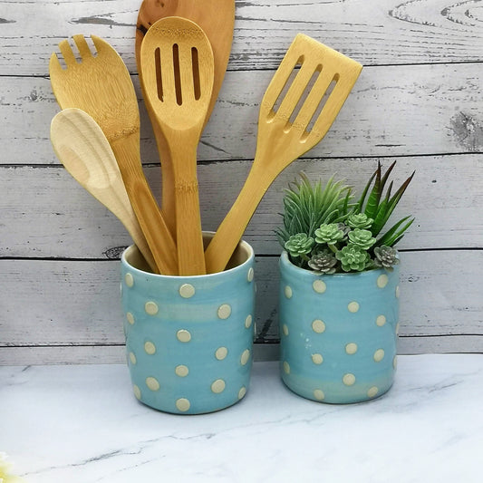 Large Utensil Holder For Kitchen Counter, Utensil Organizer Blue With White Dots, Unique Wedding Gift For Couple, Handmade New Home Gift - Ceramica Ana Rafael