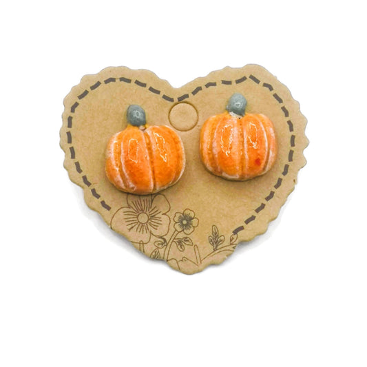 Handmade Ceramic Pumpkin Stud Earrings For Women- Orange Cute Halloween Jewelry Gift For Girls - Ceramica Ana Rafael