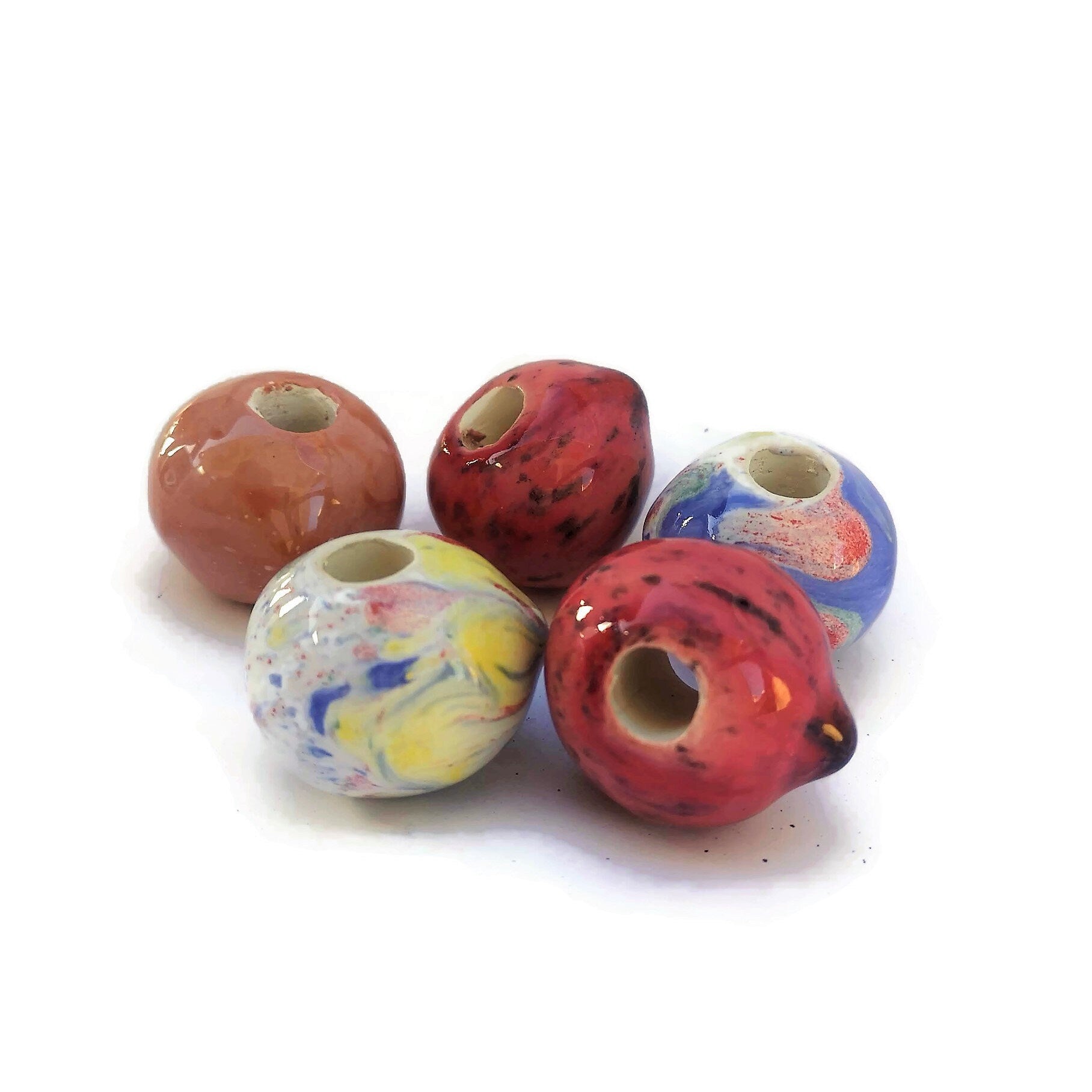 5Pc Macrame Ceramic Beads Large Hole, Handmade Bubblegum Beads, Decorative Unique Jumbo Round Clay Beads For Crafts And Jewelry Making - Ceramica Ana Rafael