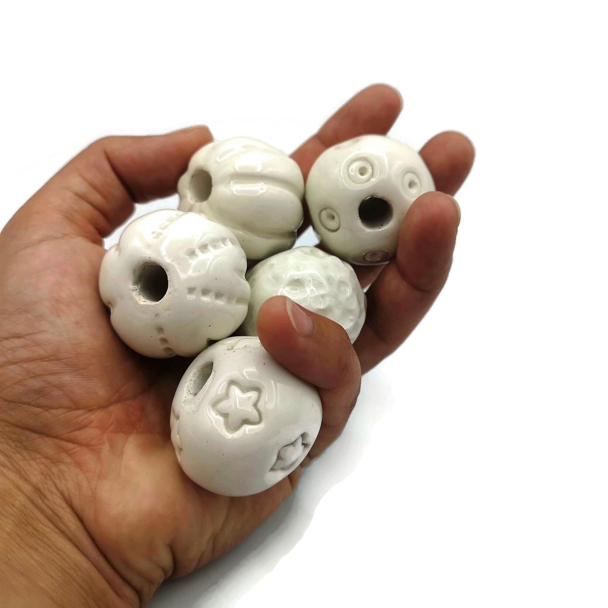 5Pc 30mm Handmade Ceramic Textured Round Beads, Clay Beads for Jewelry Making and Macrame Supplies, Large Hole Beads - Ceramica Ana Rafael