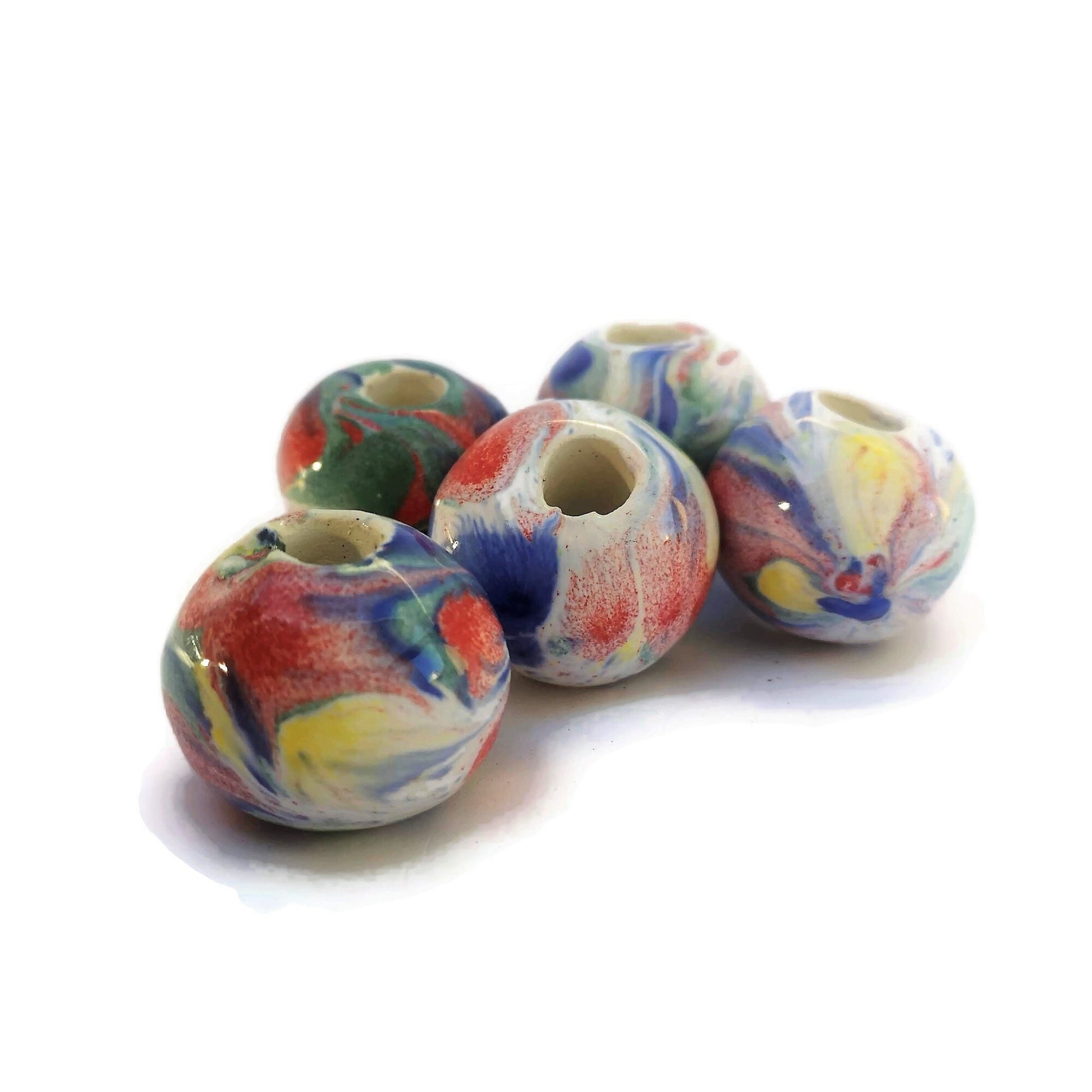 5Pc Macrame Ceramic Beads Large Hole, Handmade Bubblegum Beads, Decorative Unique Jumbo Round Clay Beads For Crafts And Jewelry Making - Ceramica Ana Rafael