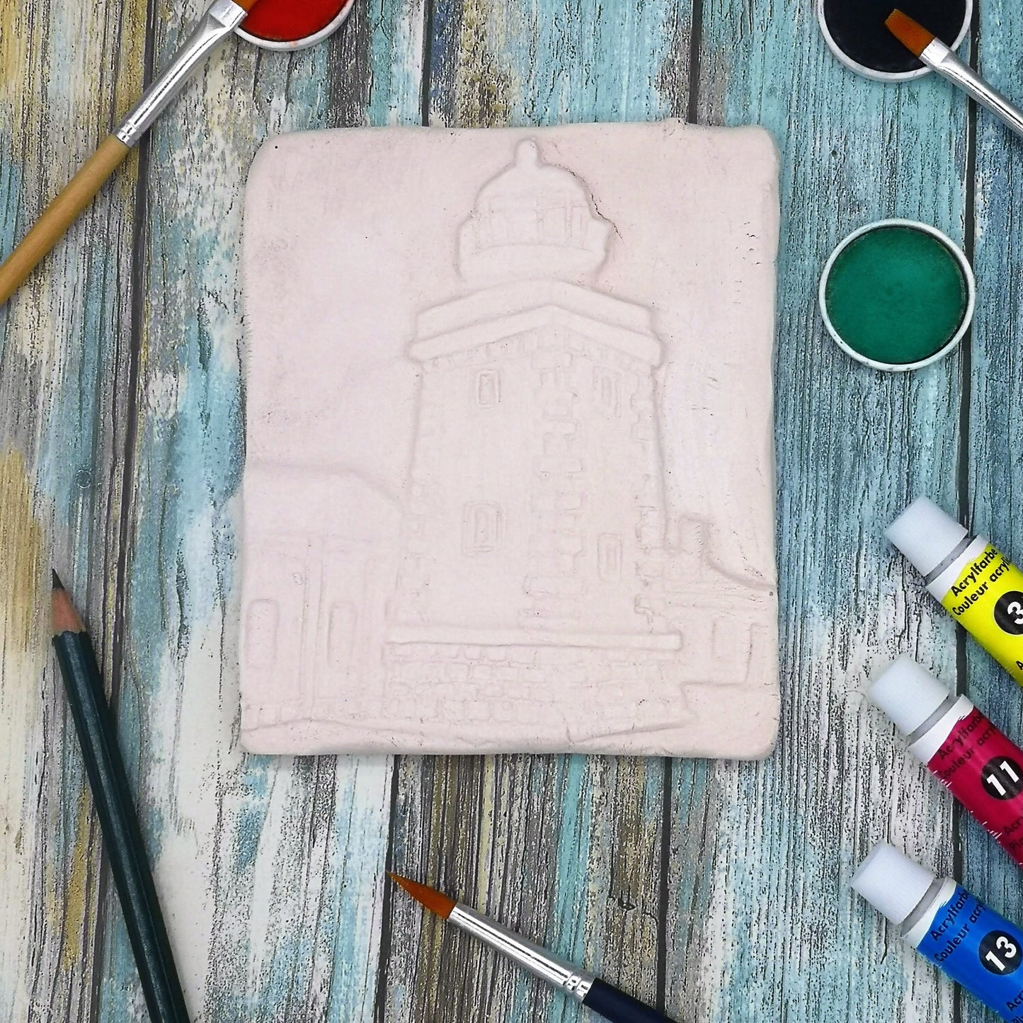 Lighthouse tile for crafts, unpainted ceramic bisque ready to paint, blank tile nautical, DIY gifts for mom, craft supplies for adults, best - Ceramica Ana Rafael