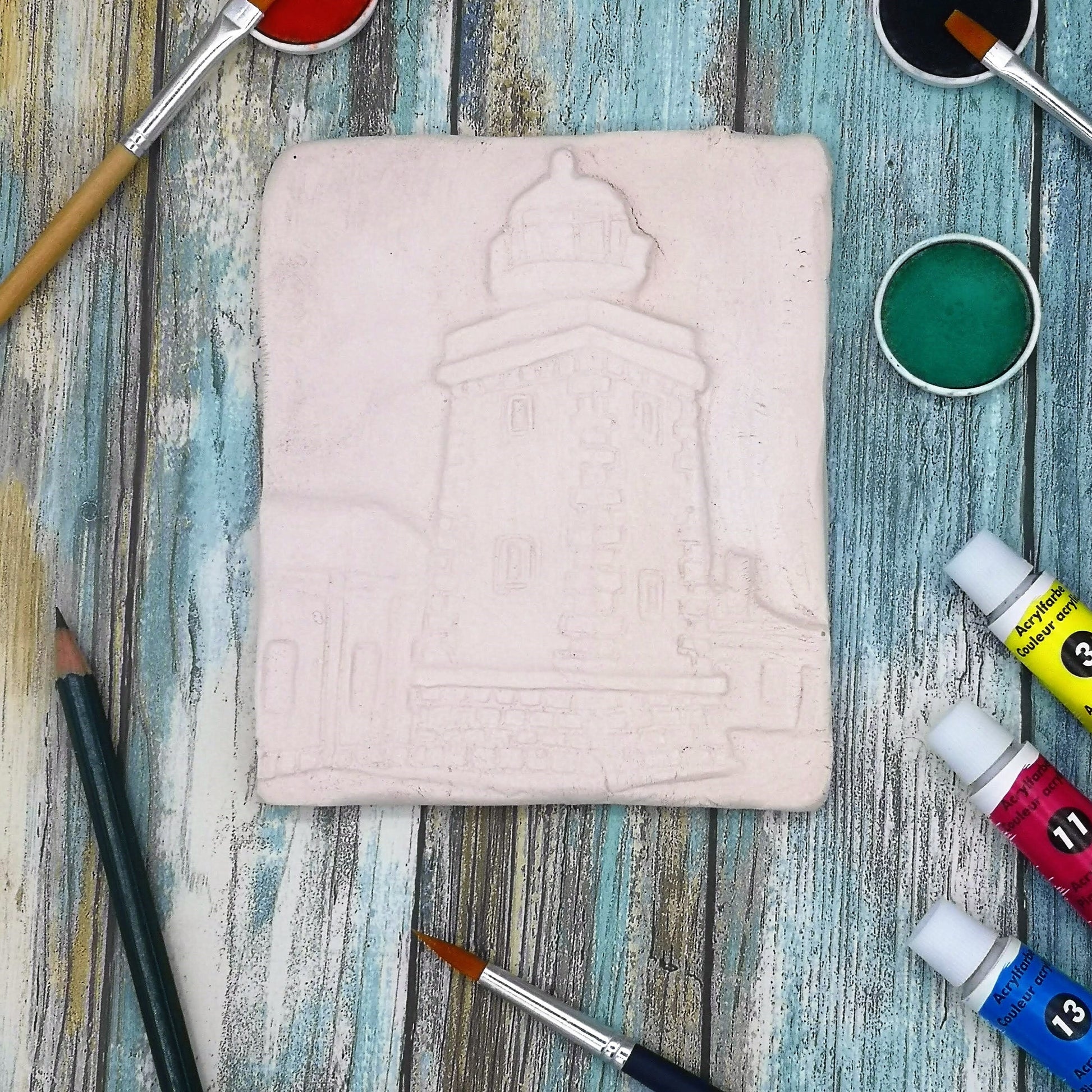 Lighthouse tile for crafts, unpainted ceramic bisque ready to paint, blank tile nautical, DIY gifts for mom, craft supplies for adults, best - Ceramica Ana Rafael