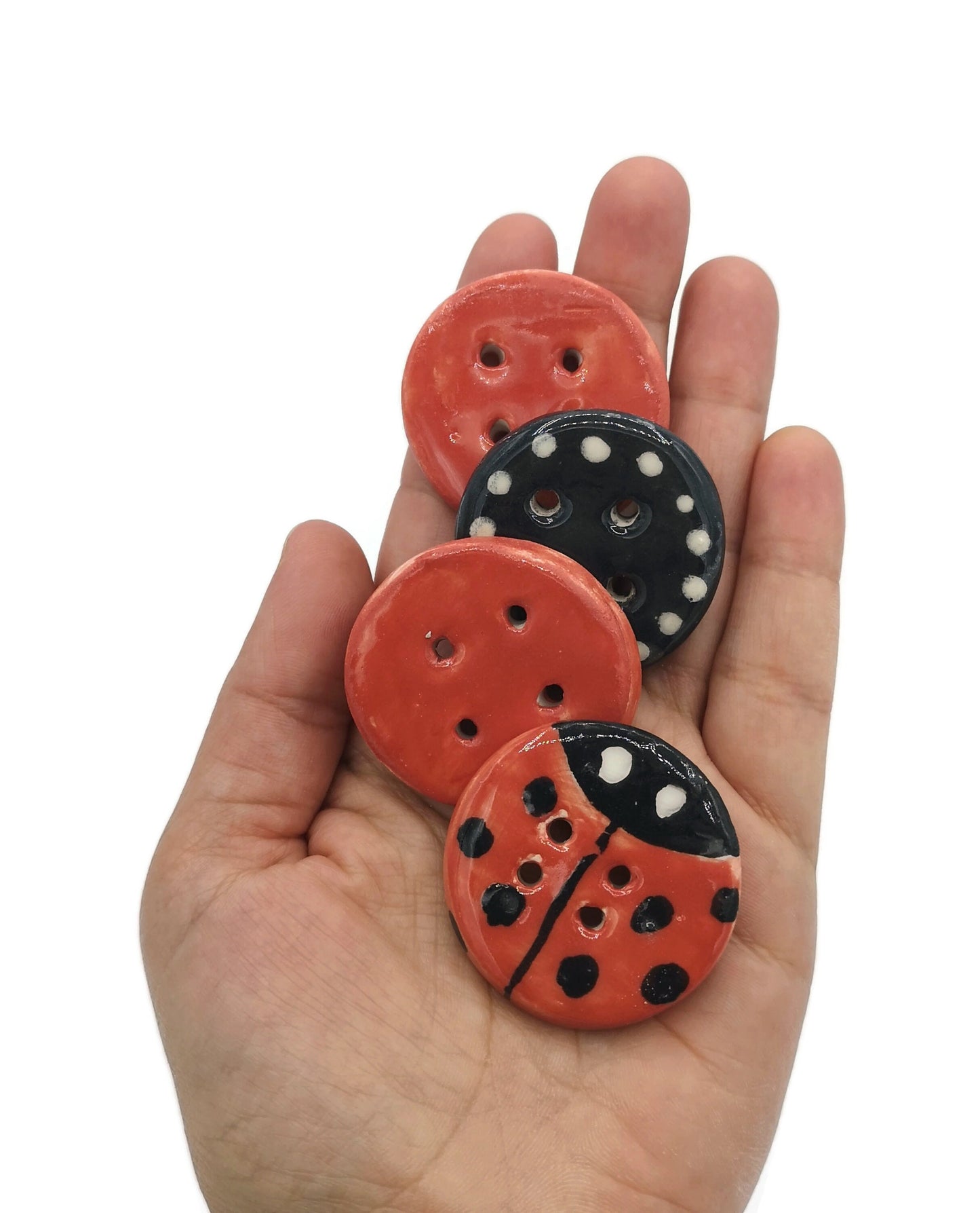 Decorative Buttons Handmade Ceramics, Set Of 4 Round Shape Red Ladybug Buttons Cute, Best Sellers 2022 Extra Large Buttons, Big Buttons - Ceramica Ana Rafael