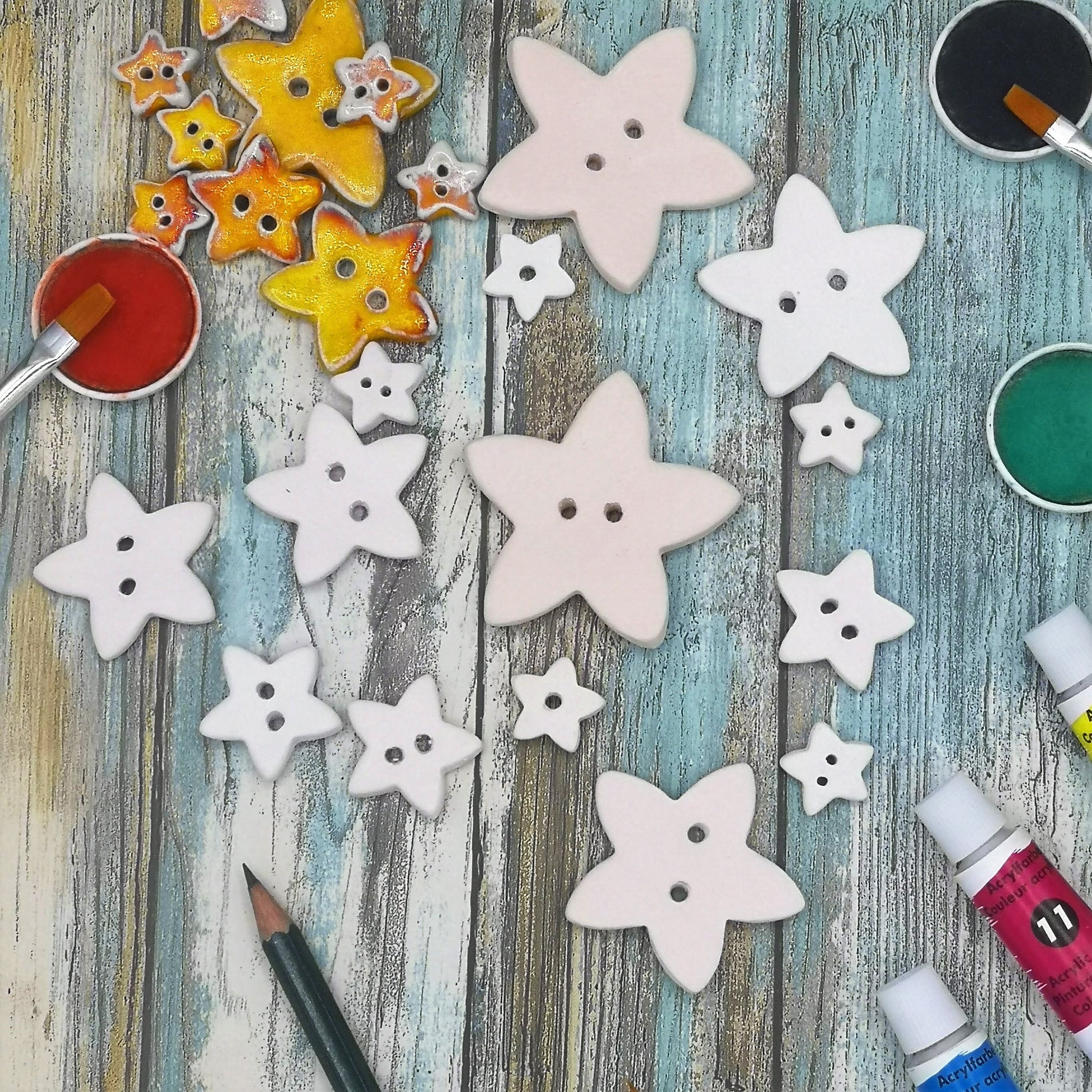 Blank Star Sewing Buttons, Unpainted Handmade Ceramic Bisque Ready To Paint, best sellers celestial buttons for favors ornaments - Ceramica Ana Rafael