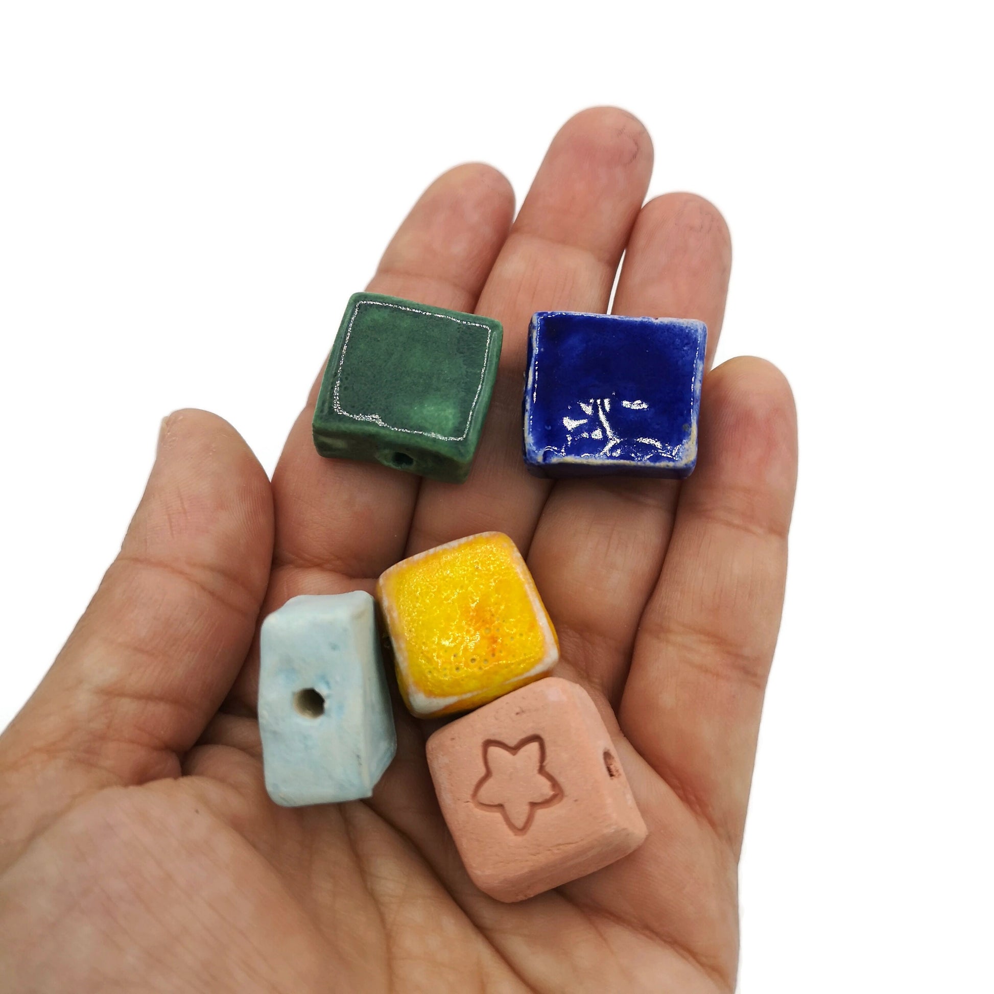 Handmade Ceramic Beads For Jewelry Making, Set Of 5 Assorted Clay Beads, Pendant Necklace Best Sellers, Unique Square beads, Large Porcelain - Ceramica Ana Rafael