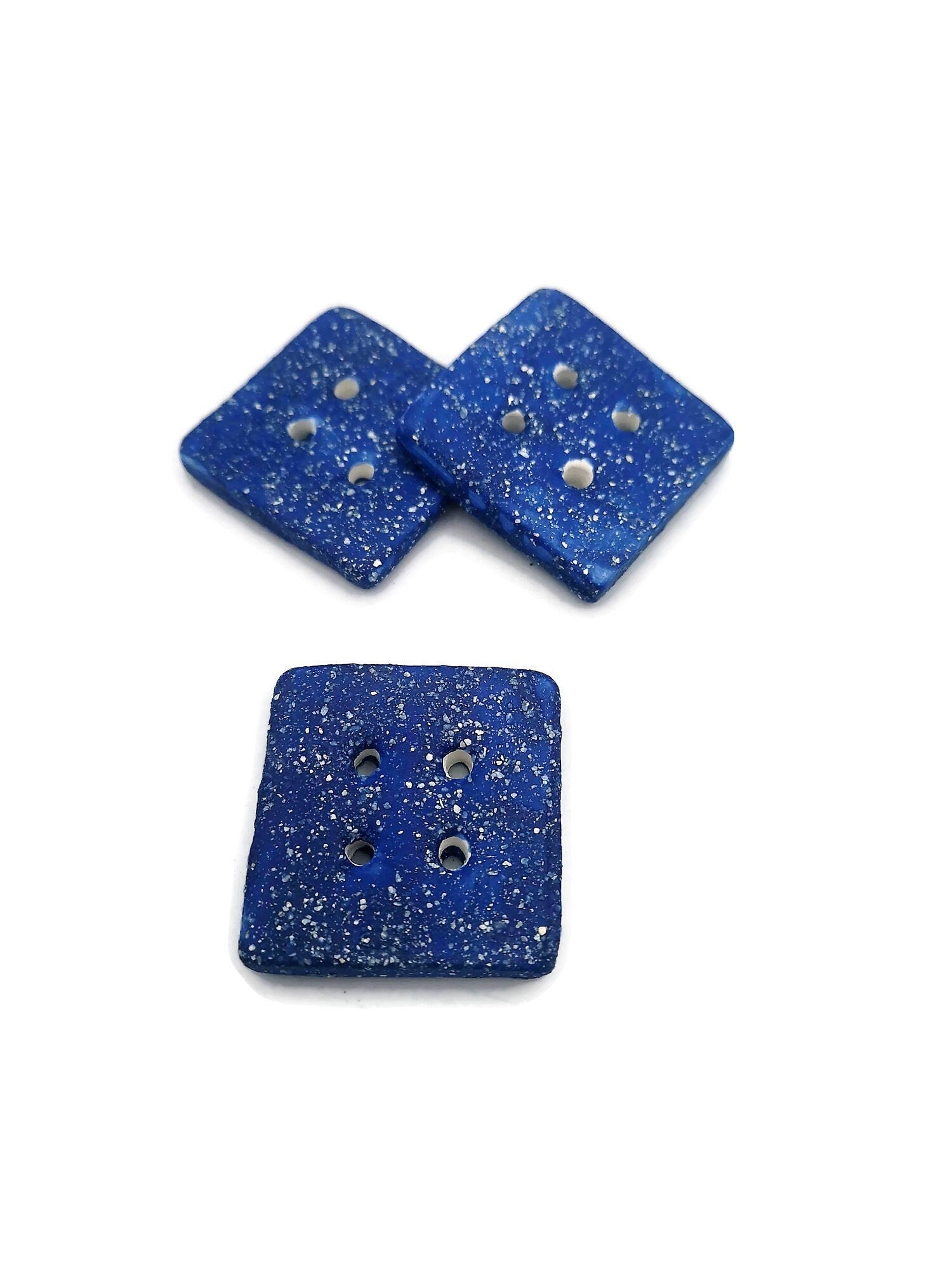 3Pc Extra Large Coat Buttons 40mm, Sparkly Blue Novelty Square Handmade Ceramic Sewing Supplies And Notions, Sewing Buttons For Blouse - Ceramica Ana Rafael