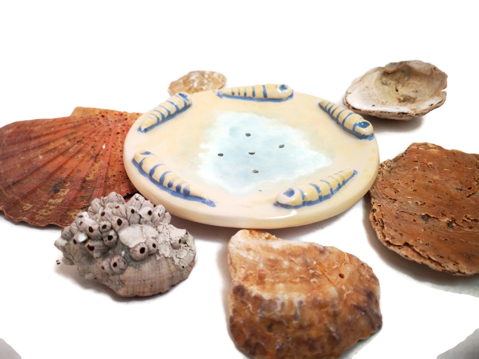 Handmade Ceramic Sea Shell Soap Dish Dispenser Yellow and Blue, Beach Themed Decor Draining Soap Bar Holder, Bathroom Tray For Shaving Soap - Ceramica Ana Rafael