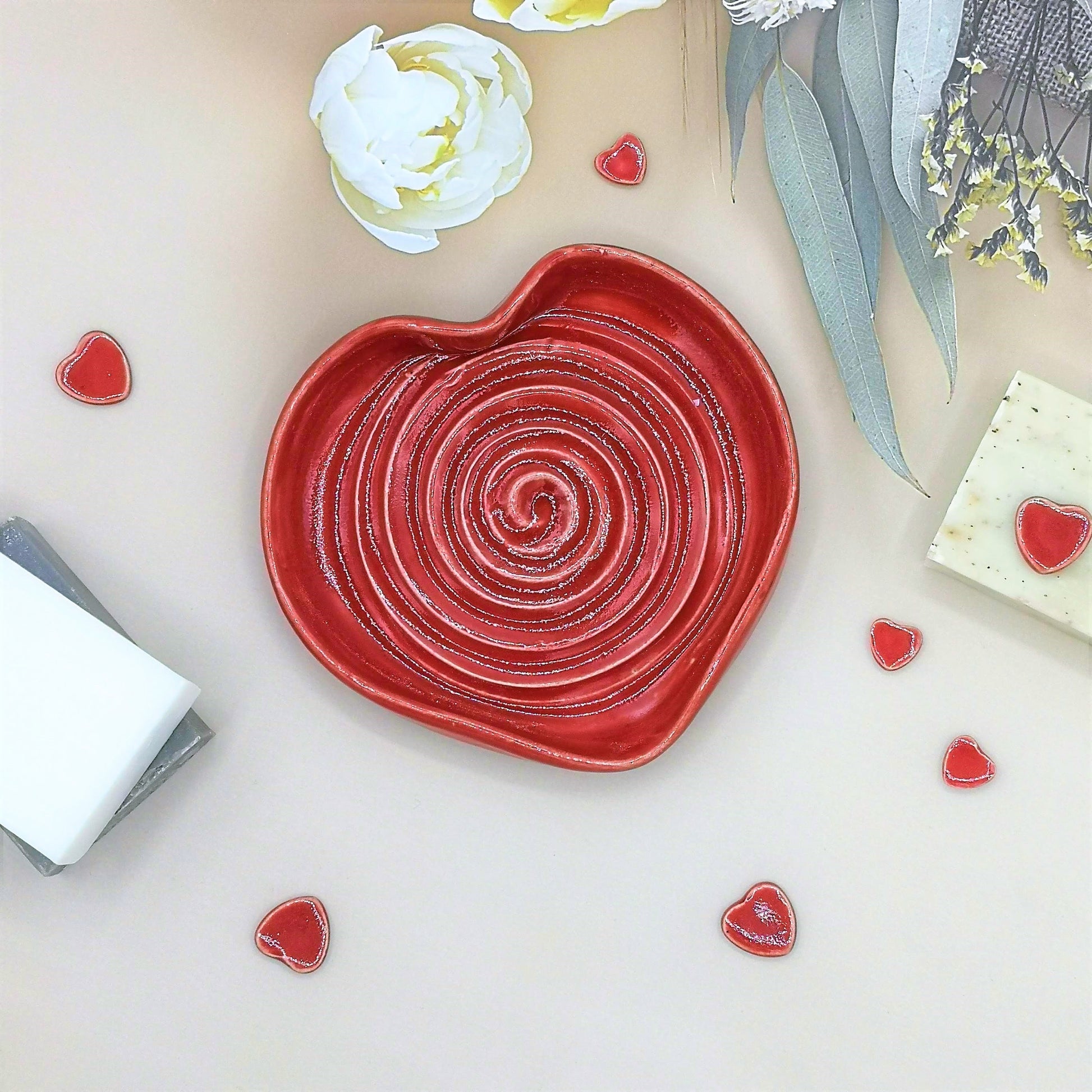 HEART SHAPED BOWL, Clay Ring Holder Dish, Cute Jewelry Trinket Dish, Ceramic Soap Saver Dish, Girlfriend Valentines Day Gift - Ceramica Ana Rafael