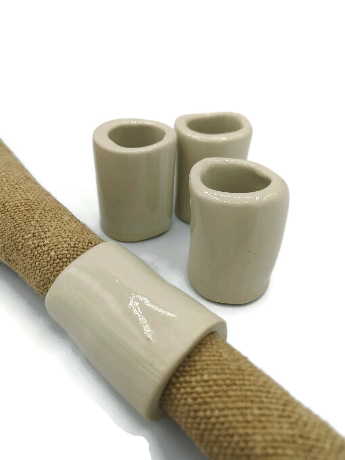 Beige Stoneware Handmade Napkin Rings Set Of 4 Napkin Holder, Host Gift, Best Housewarming Gift First Home For Women, Artisan Ceramic Tubes - Ceramica Ana Rafael