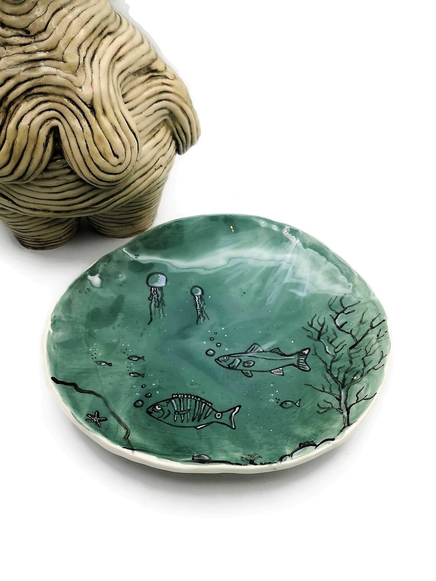 Large Handmade Ceramic Plate, Ocean Home Decor For Wall Display, Green Portuguese Pottery Unique Dinner Plates, Serving Cake Platter - Ceramica Ana Rafael