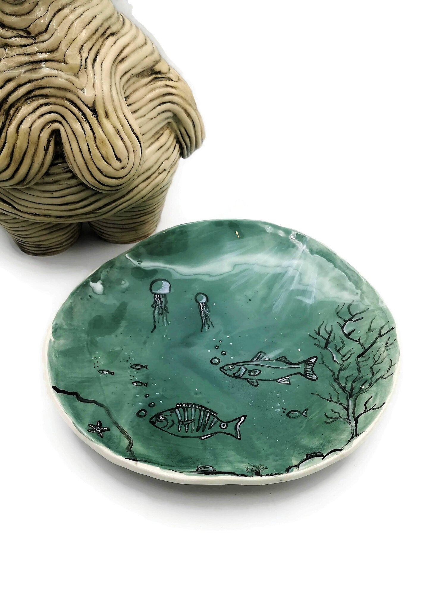 Large Handmade Ceramic Plate, Ocean Home Decor For Wall Display, Green Portuguese Pottery Unique Dinner Plates, Serving Cake Platter - Ceramica Ana Rafael