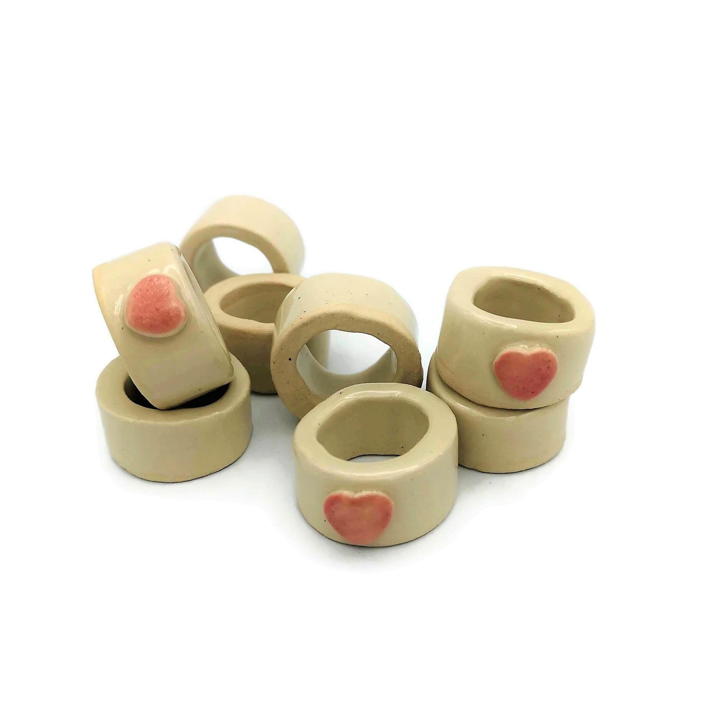 8Pc Extra Large Tube Beads, Handmade Ceramic Macrame Beads With Decorative Heart, Large Hole Beads, Napknig Rings - Ceramica Ana Rafael