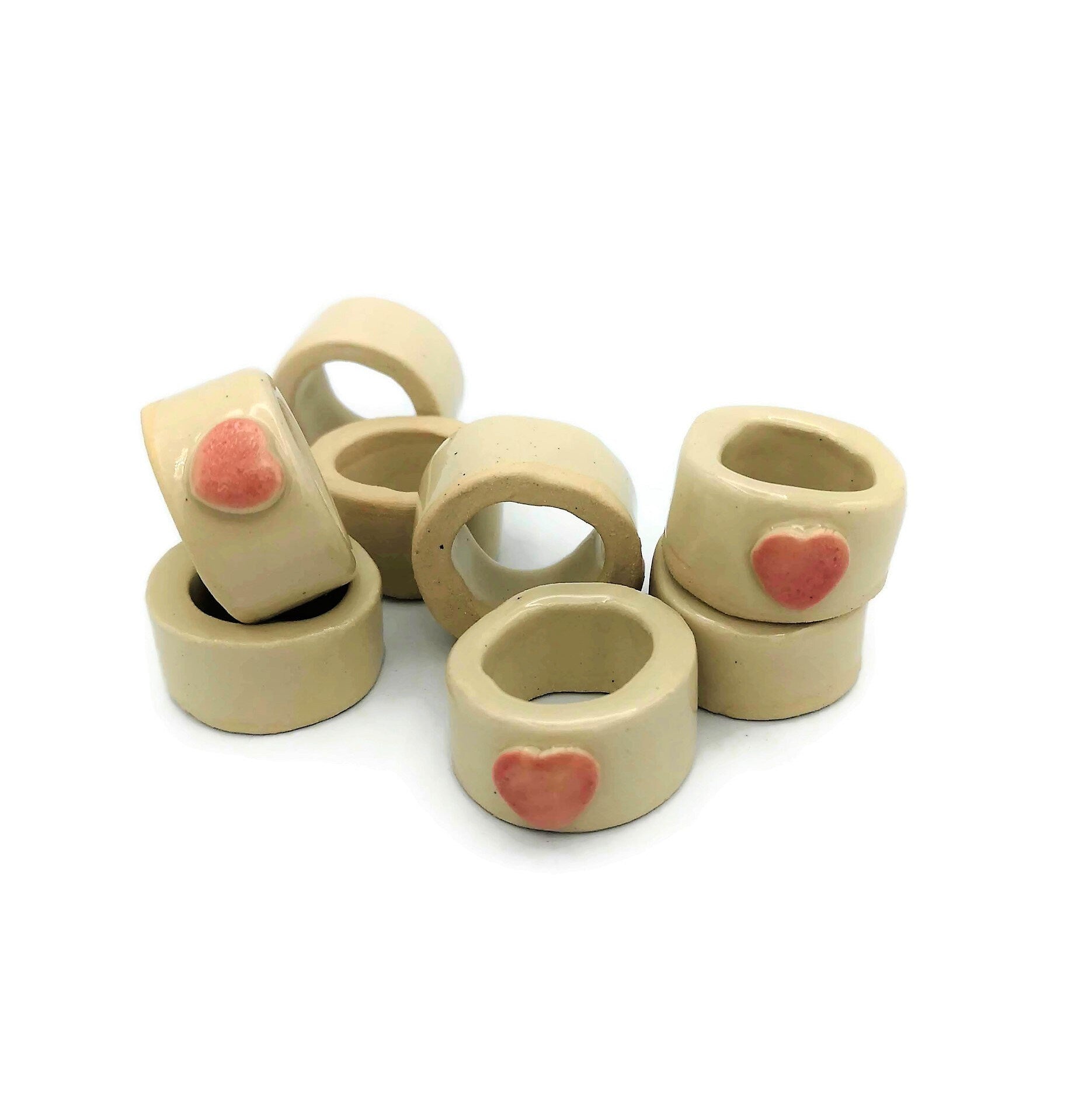 8Pc Extra Large Tube Beads, Handmade Ceramic Macrame Beads With Decorative Heart, Large Hole Beads, Napknig Rings - Ceramica Ana Rafael