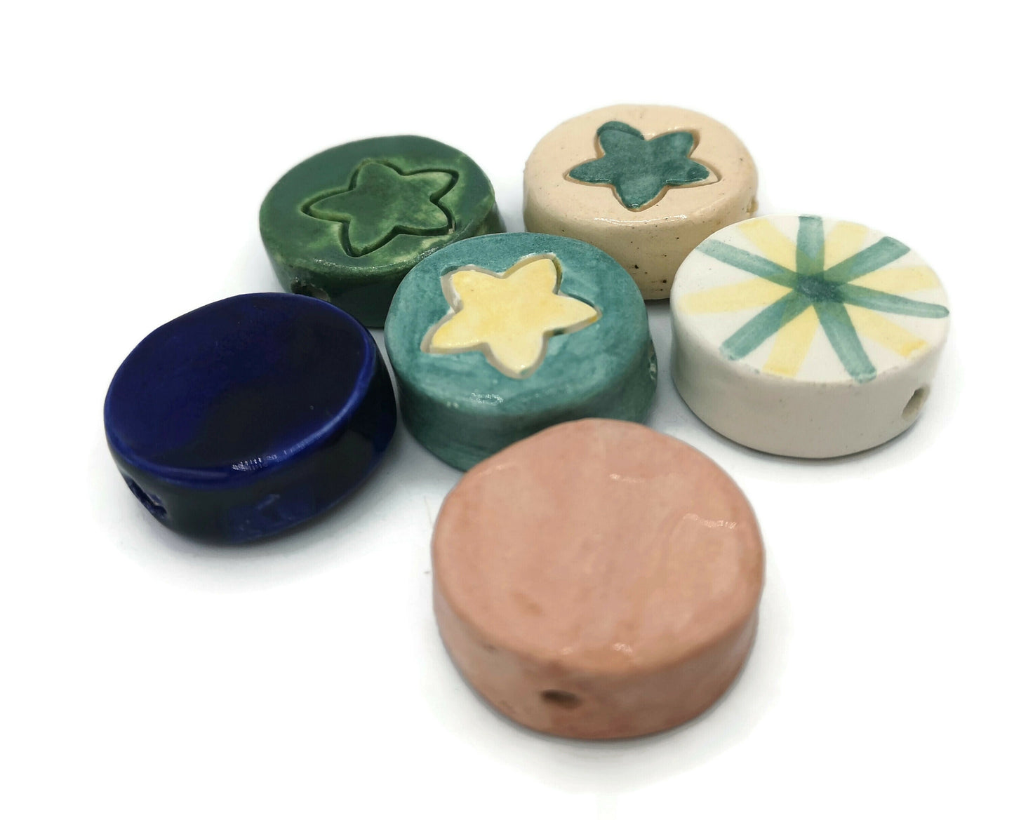 Handmade Ceramic Beads, Mixed Coin Beads 6 Pcs, Best Seller Clay Beads, Round Beads Unusual, Decorative Porcelain Beads For Jewelry Making - Ceramica Ana Rafael