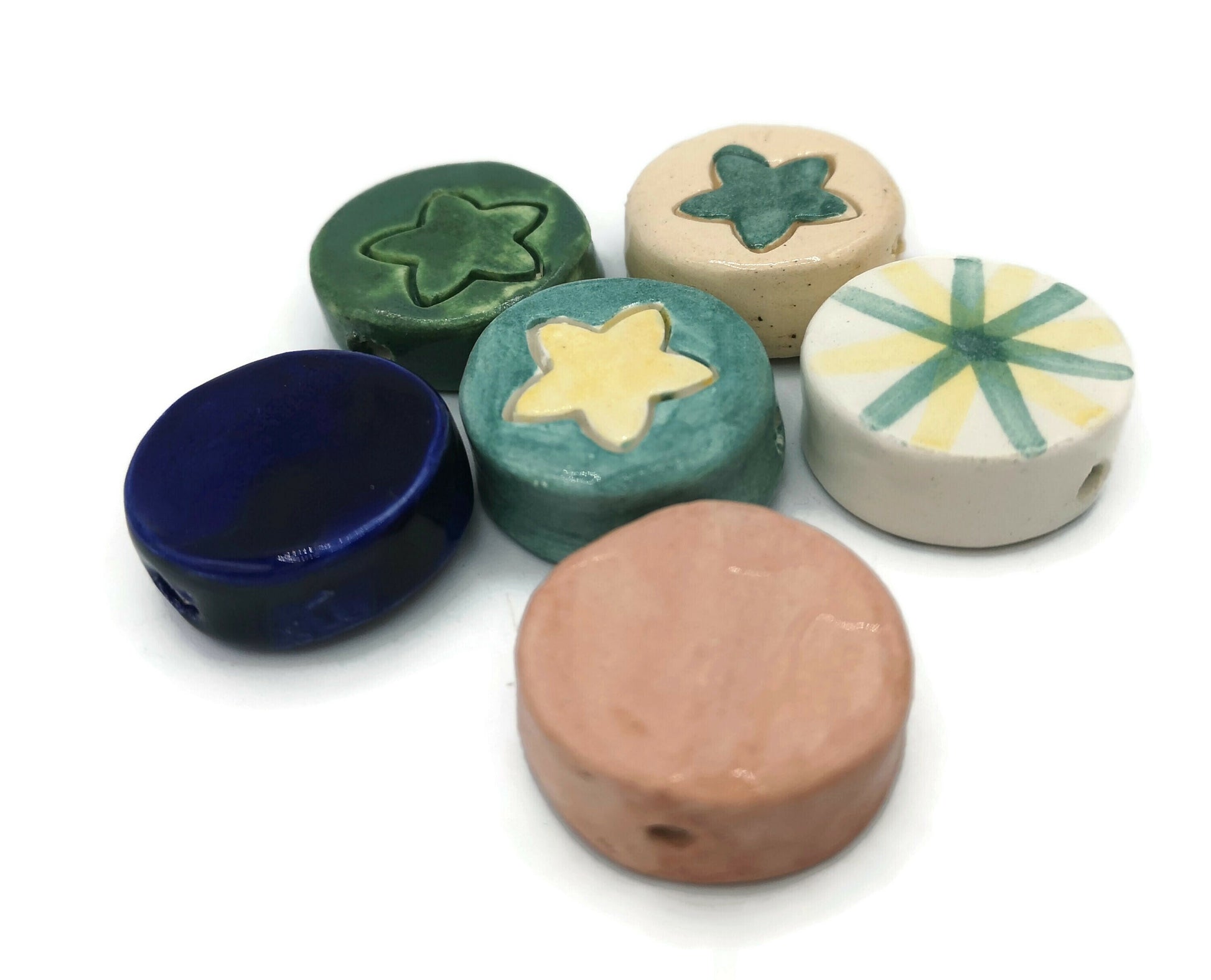 Handmade Ceramic Beads, Mixed Coin Beads 6 Pcs, Best Seller Clay Beads, Round Beads Unusual, Decorative Porcelain Beads For Jewelry Making - Ceramica Ana Rafael
