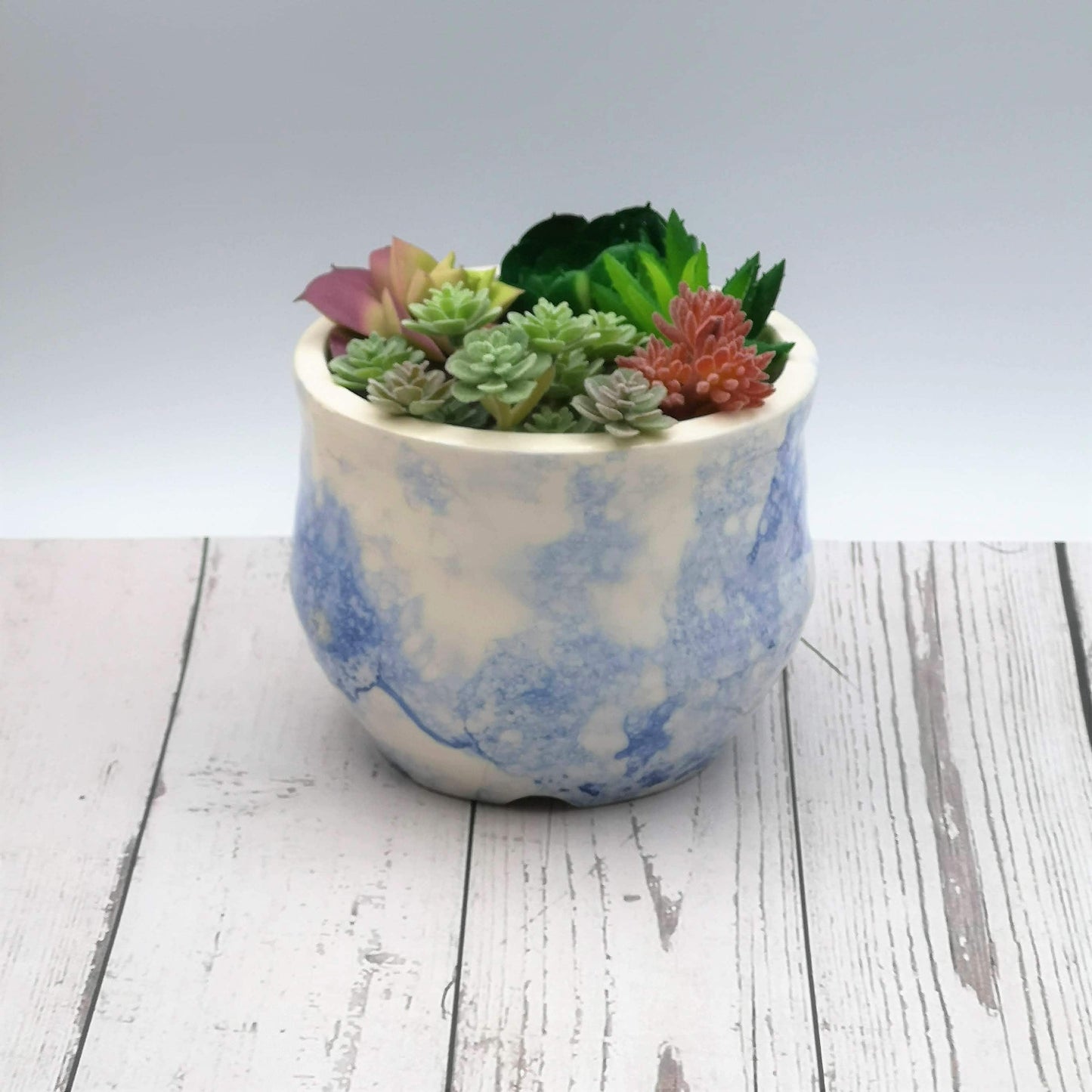 Handmade Ceramic Succulent Planter Pot with Drain Holes, Hand Painted White And Blue Pottery Vase, Office Desk Accessories For Women - Ceramica Ana Rafael