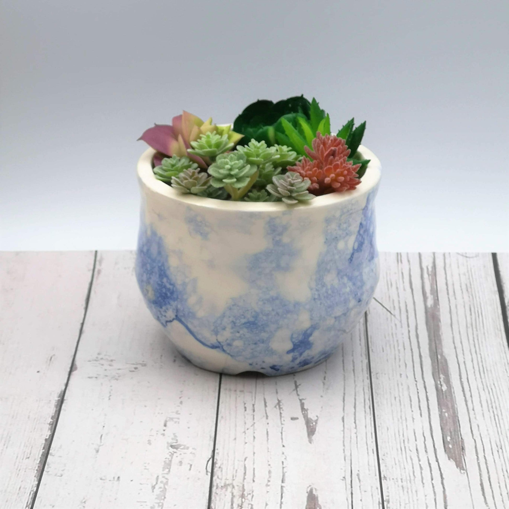Handmade Ceramic Succulent Planter Pot with Drain Holes, Hand Painted White And Blue Pottery Vase, Office Desk Accessories For Women - Ceramica Ana Rafael