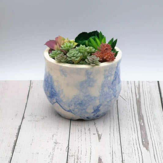 Handmade Ceramic Succulent Planter Pot with Drain Holes, Hand Painted White And Blue Pottery Vase, Office Desk Accessories For Women - Ceramica Ana Rafael